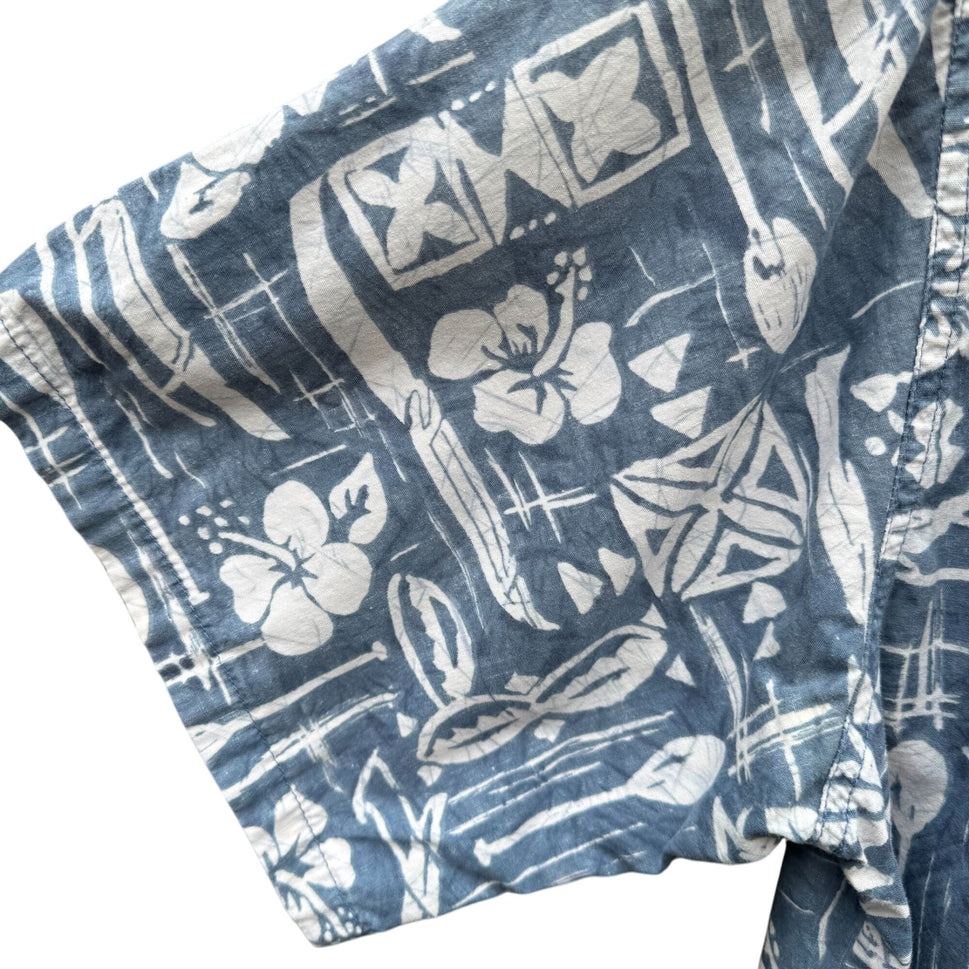 Go Barefoot Vintage Hawaiian Shirt Mens L Blue Floral Print Cotton Short Sleeve