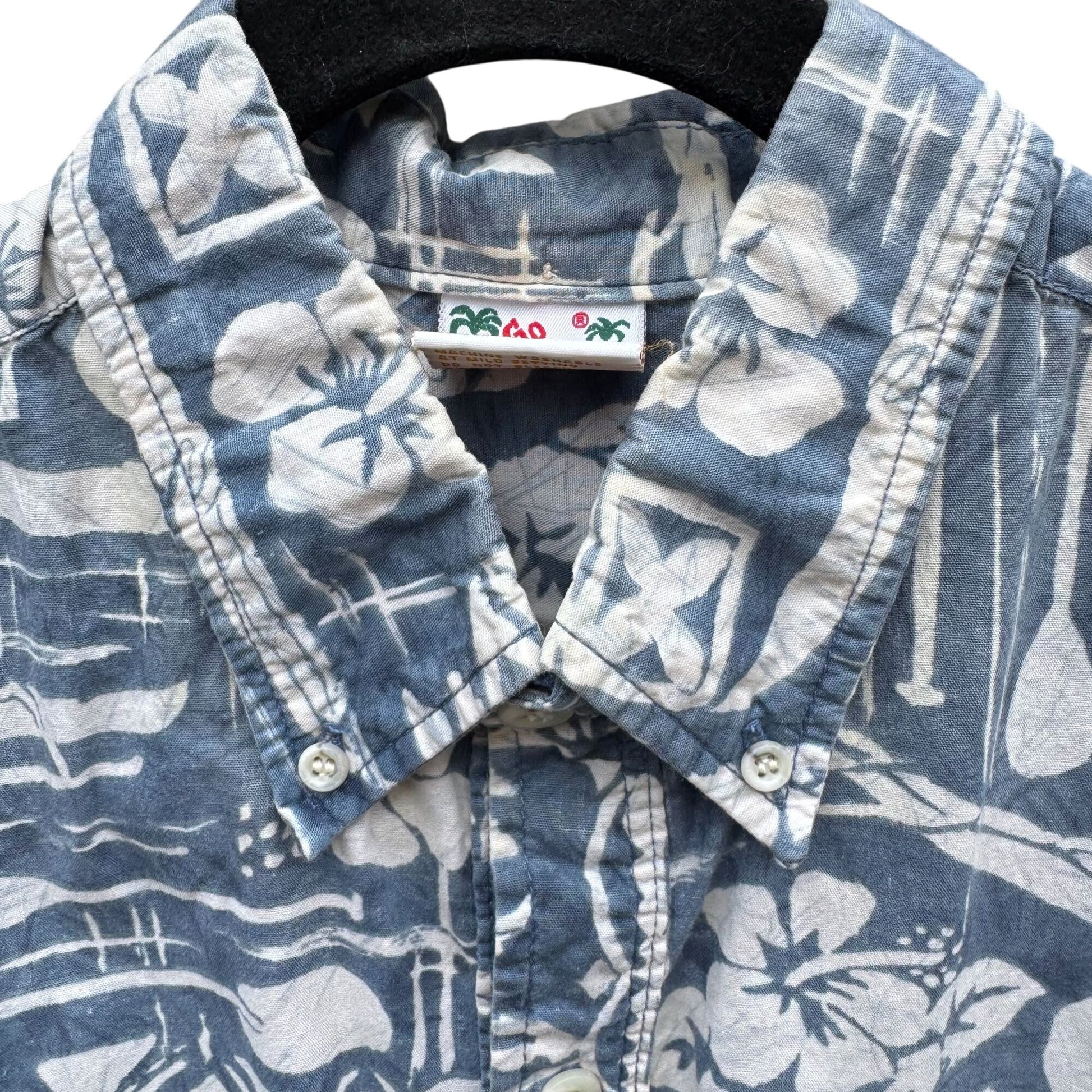 Go Barefoot Vintage Hawaiian Shirt Mens L Blue Floral Print Cotton Short Sleeve