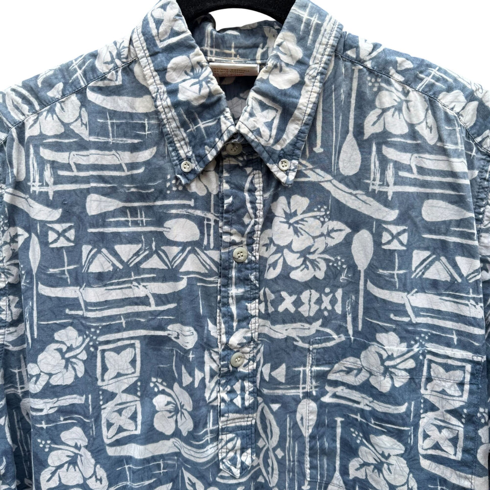 Go Barefoot Vintage Hawaiian Shirt Mens L Blue Floral Print Cotton Short Sleeve