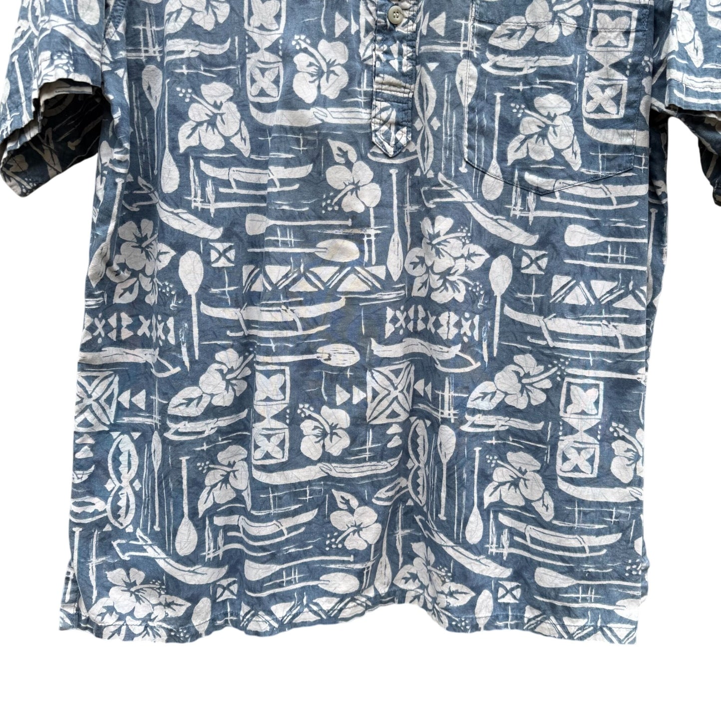 Go Barefoot Vintage Hawaiian Shirt Mens L Blue Floral Print Cotton Short Sleeve