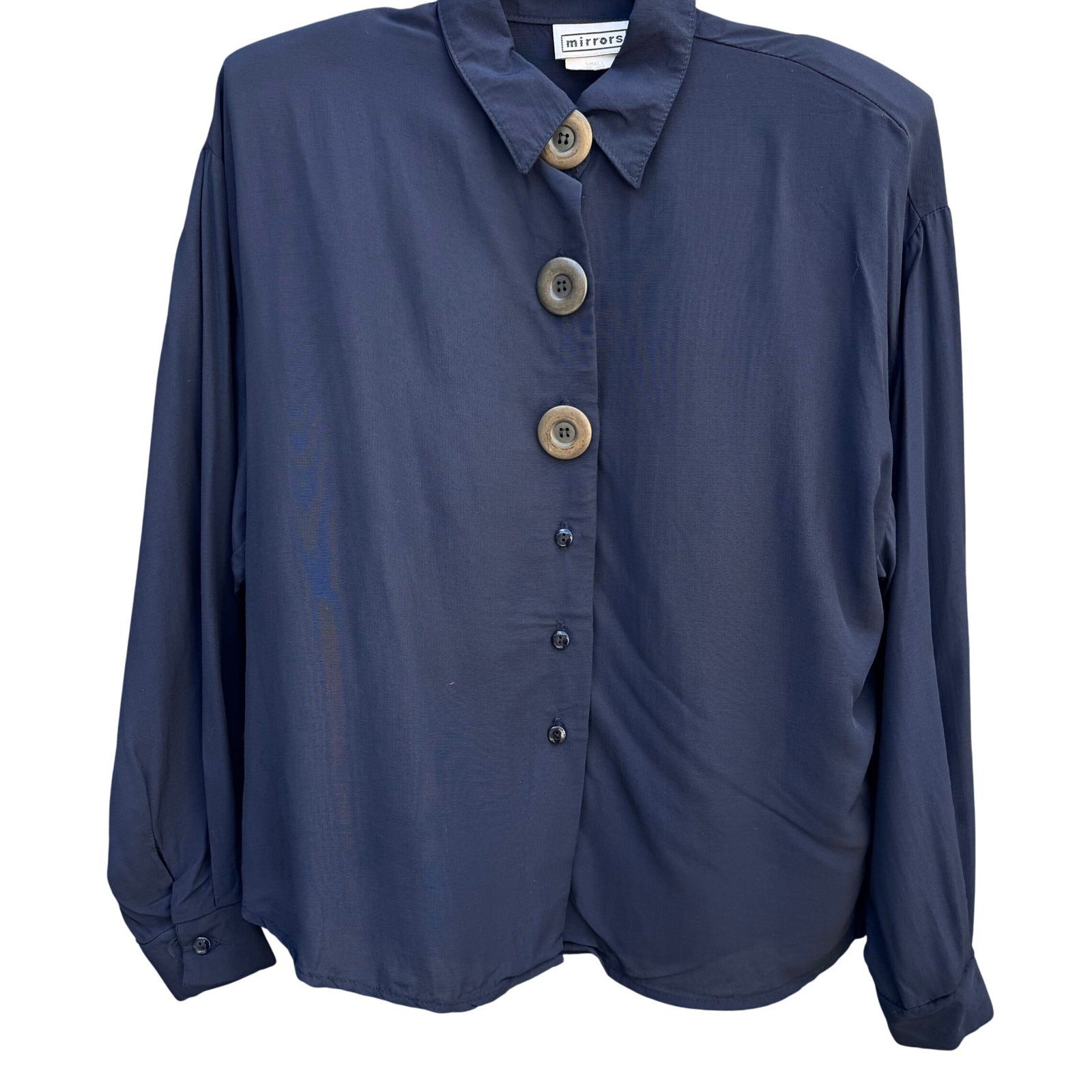 Mirrors Vintage 80s Navy Blue Blouse Oversized Buttons Made in USA Small Retro