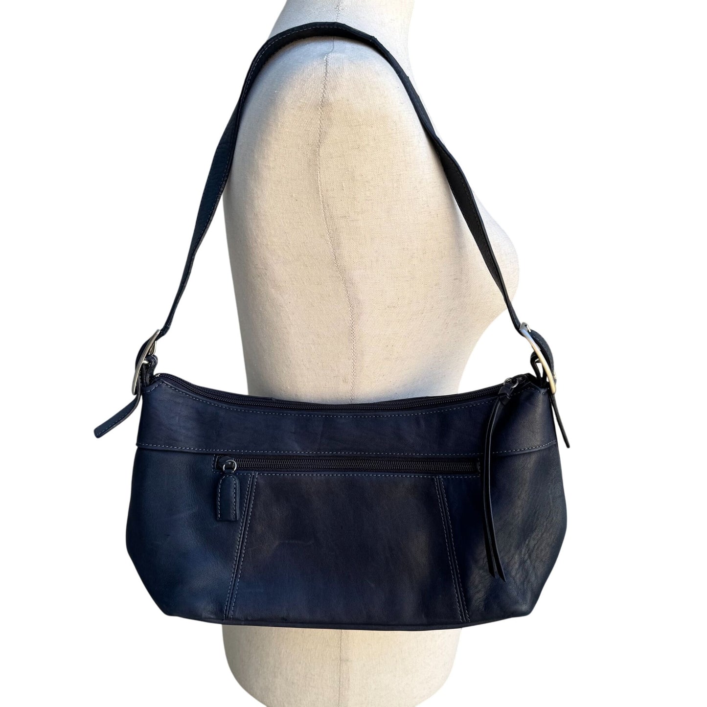 Tignanello Navy Leather Adjustable Strap Silver Color Hardware Zip Shoulder Bag