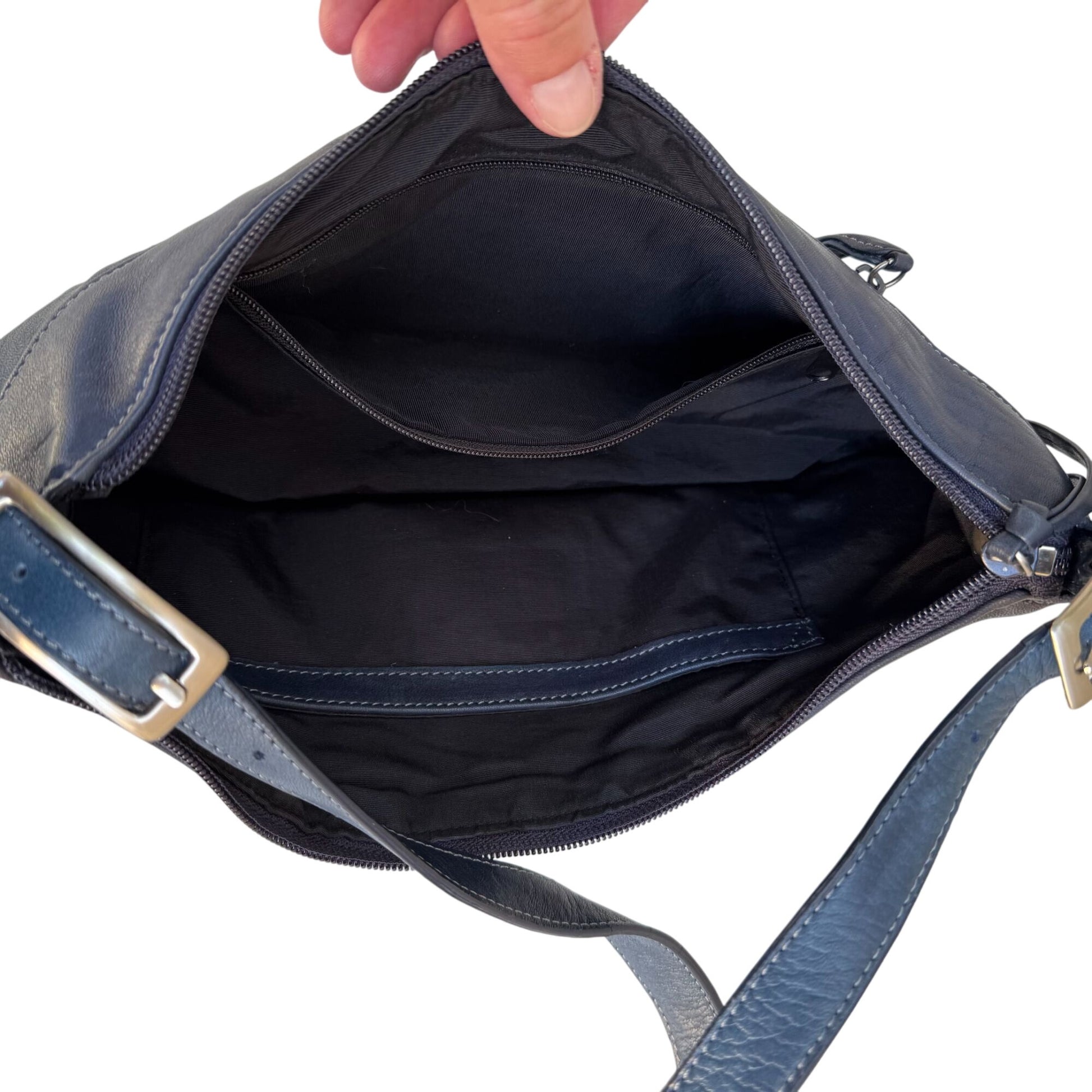 Tignanello Navy Leather Adjustable Strap Silver Color Hardware Zip Shoulder Bag