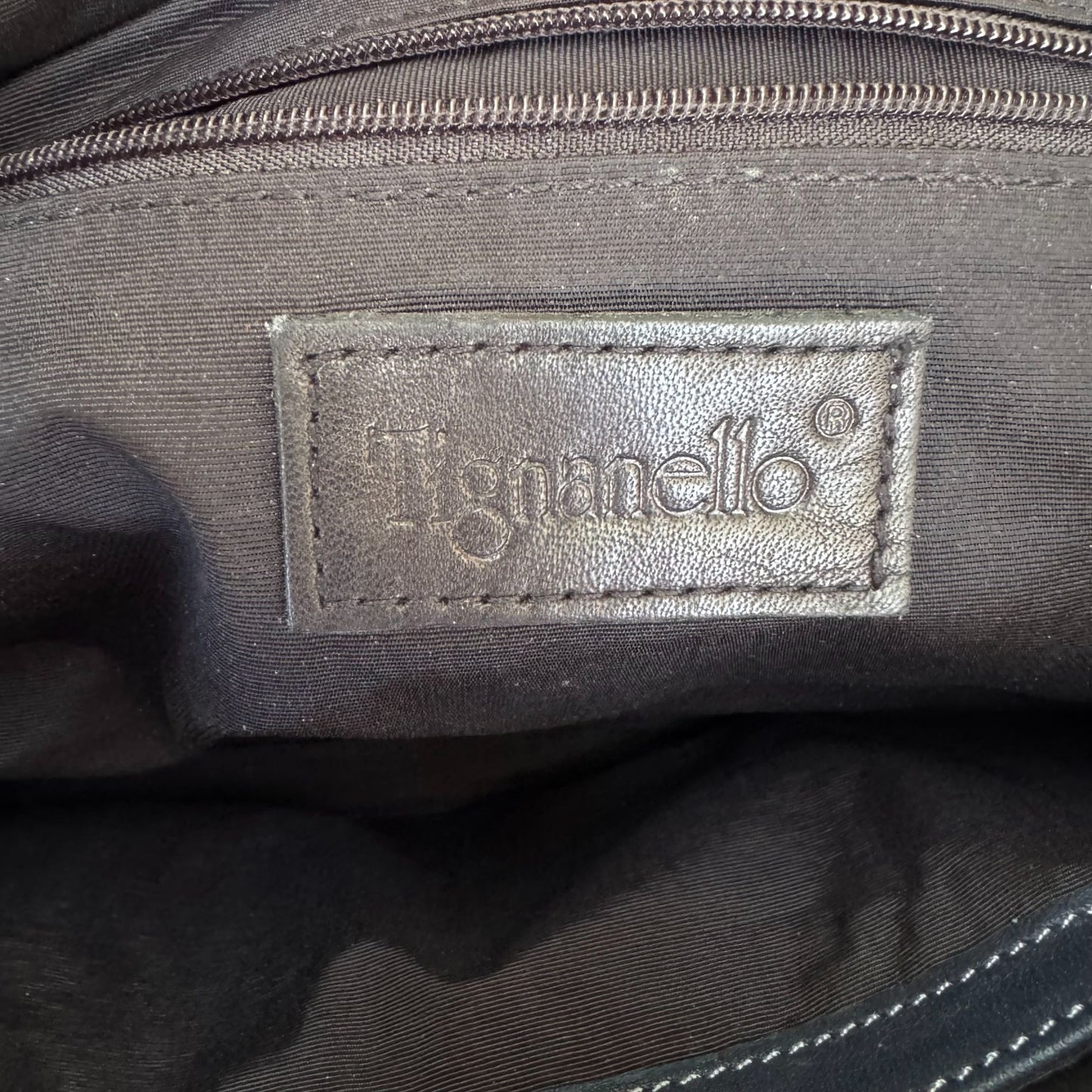 Tignanello Navy Leather Adjustable Strap Silver Color Hardware Zip Shoulder Bag