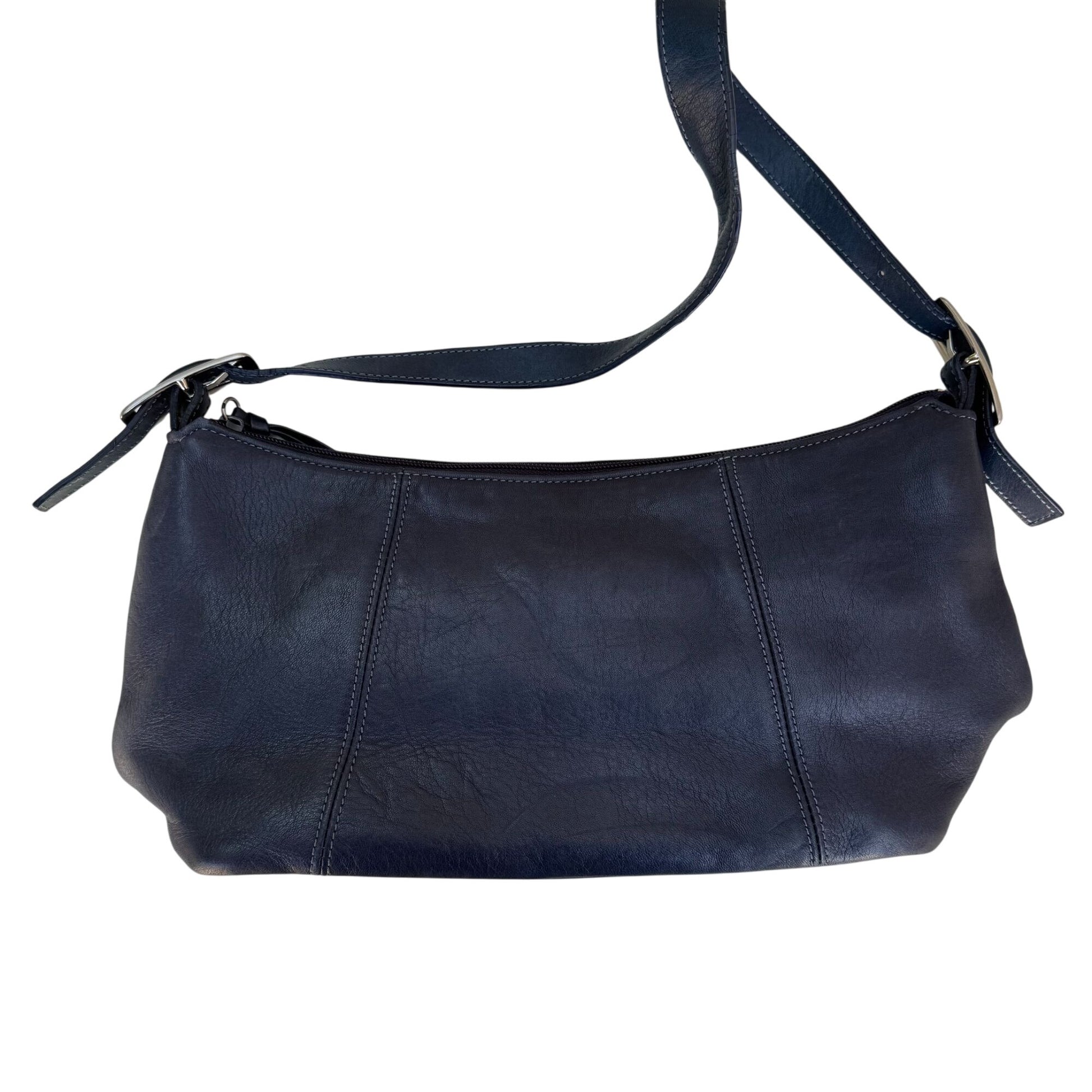 Tignanello Navy Leather Adjustable Strap Silver Color Hardware Zip Shoulder Bag