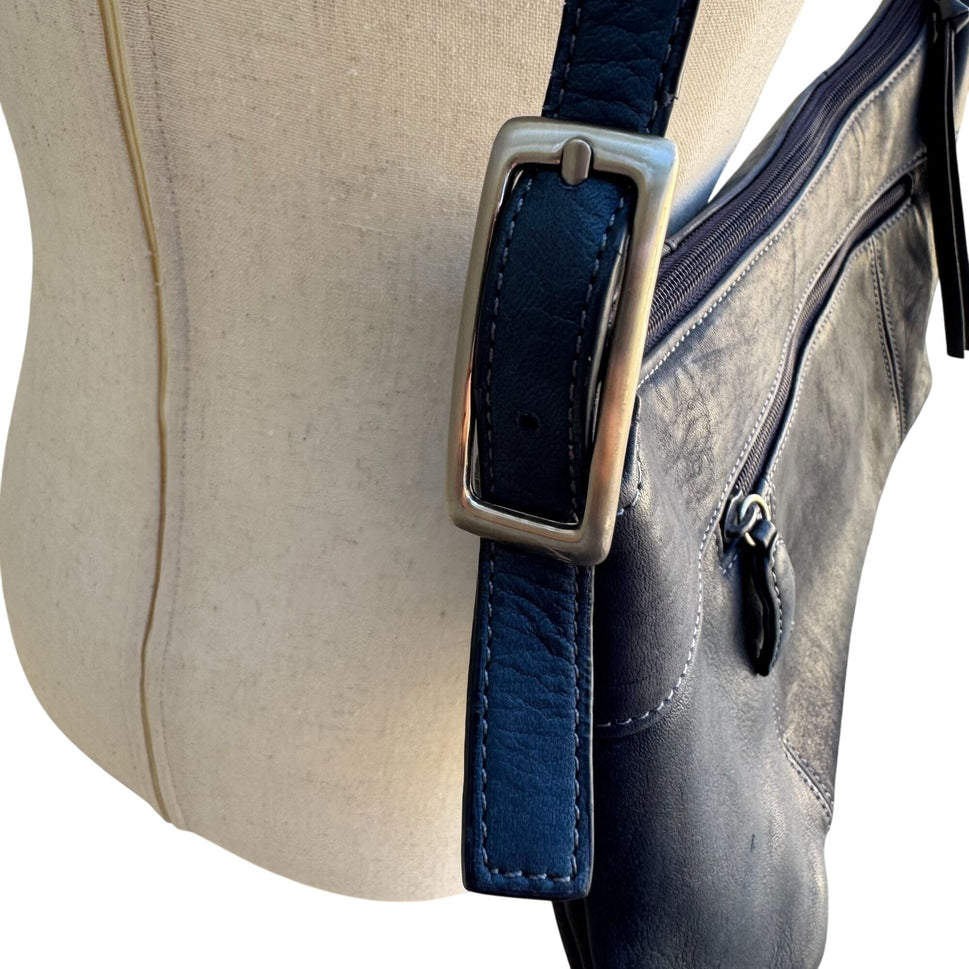 Tignanello Navy Leather Adjustable Strap Silver Color Hardware Zip Shoulder Bag