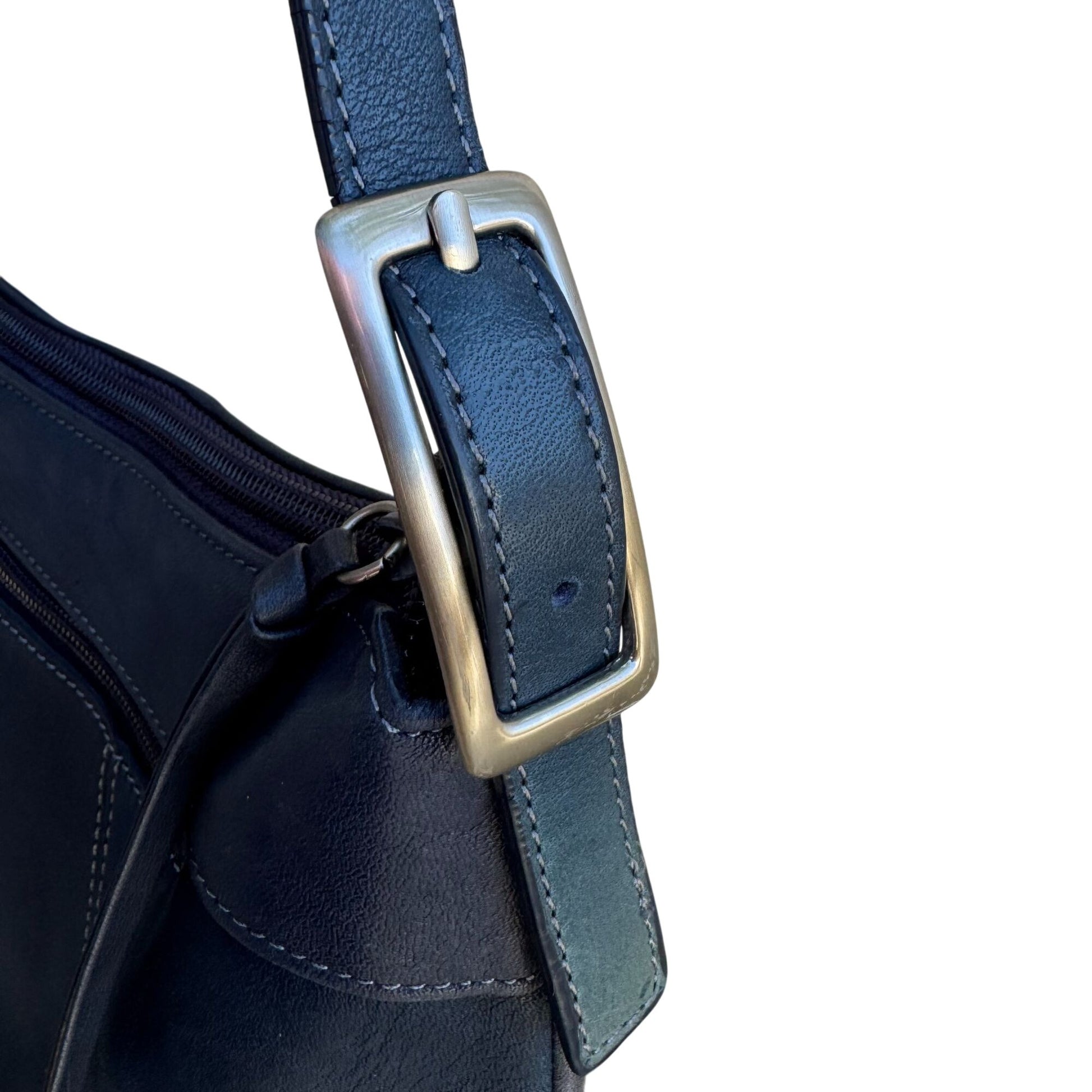 Tignanello Navy Leather Adjustable Strap Silver Color Hardware Zip Shoulder Bag