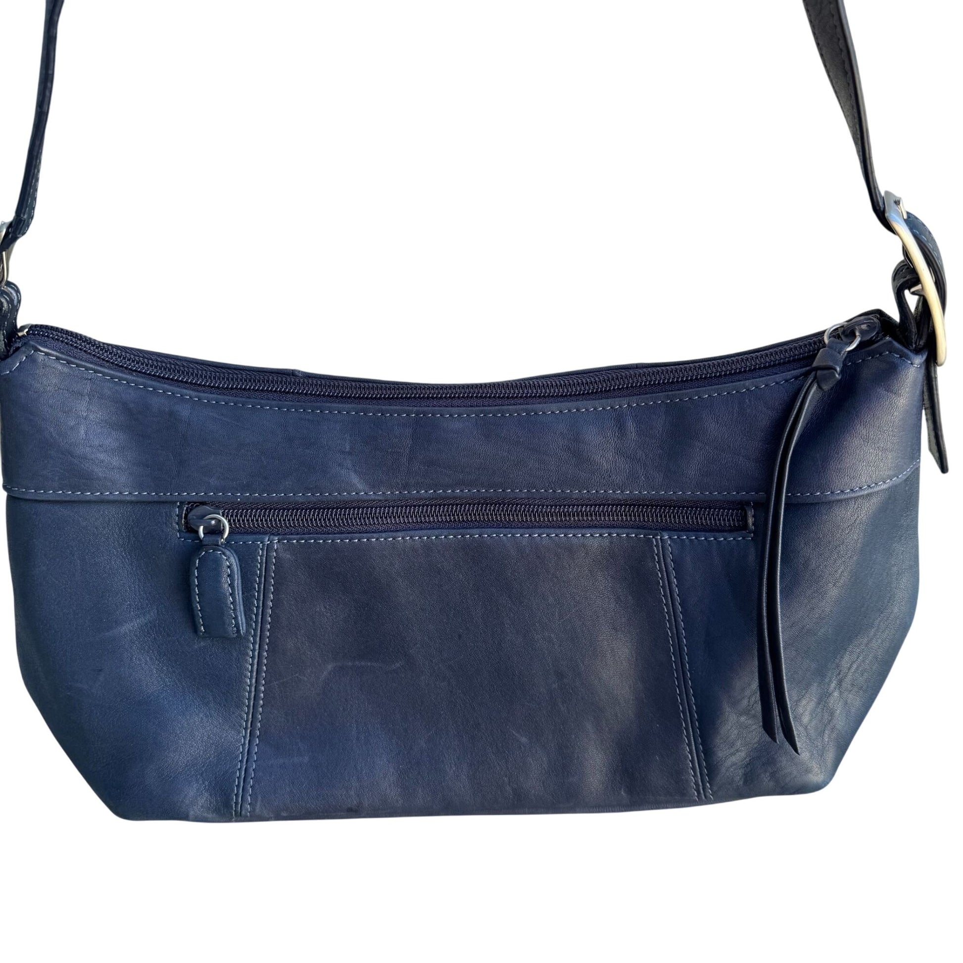 Tignanello Navy Leather Adjustable Strap Silver Color Hardware Zip Shoulder Bag