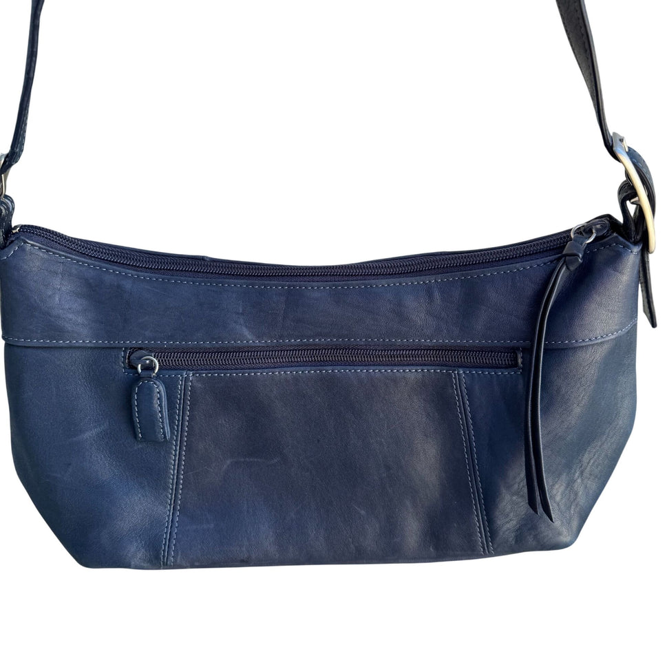 Tignanello Navy Leather Adjustable Strap Silver Color Hardware Zip Shoulder Bag