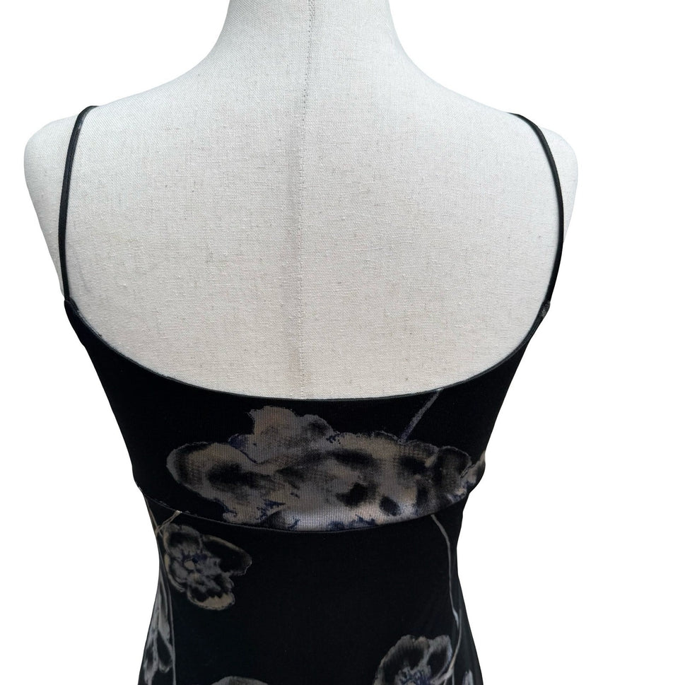 BCBG Max Azria Vintage Y2K 90s Dark Floral Empire Waist Midi Dress Whimsigoth S