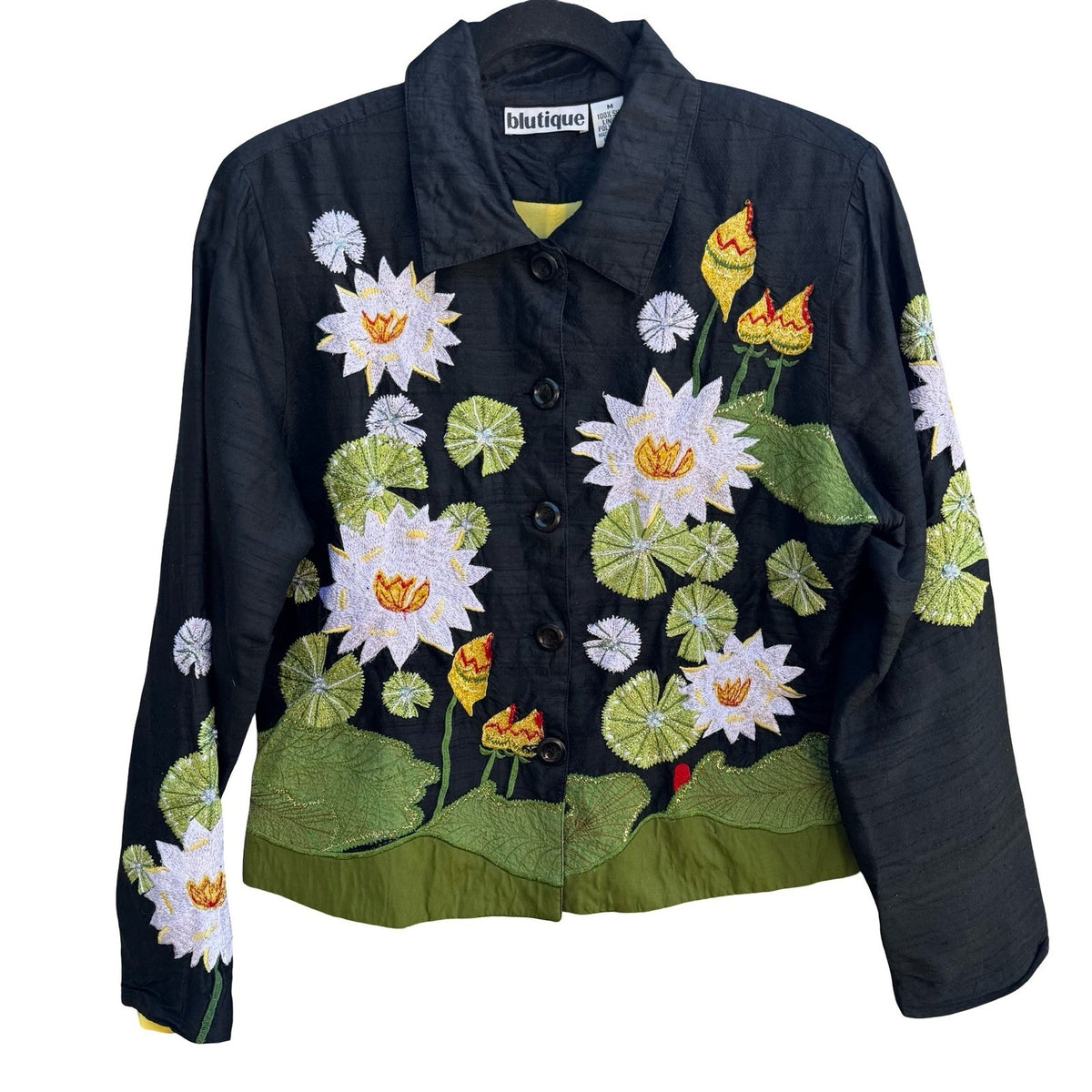 Blutique Silk Embroidered Water Lily Whimsical Jacket Black Floral Art to Wear M
