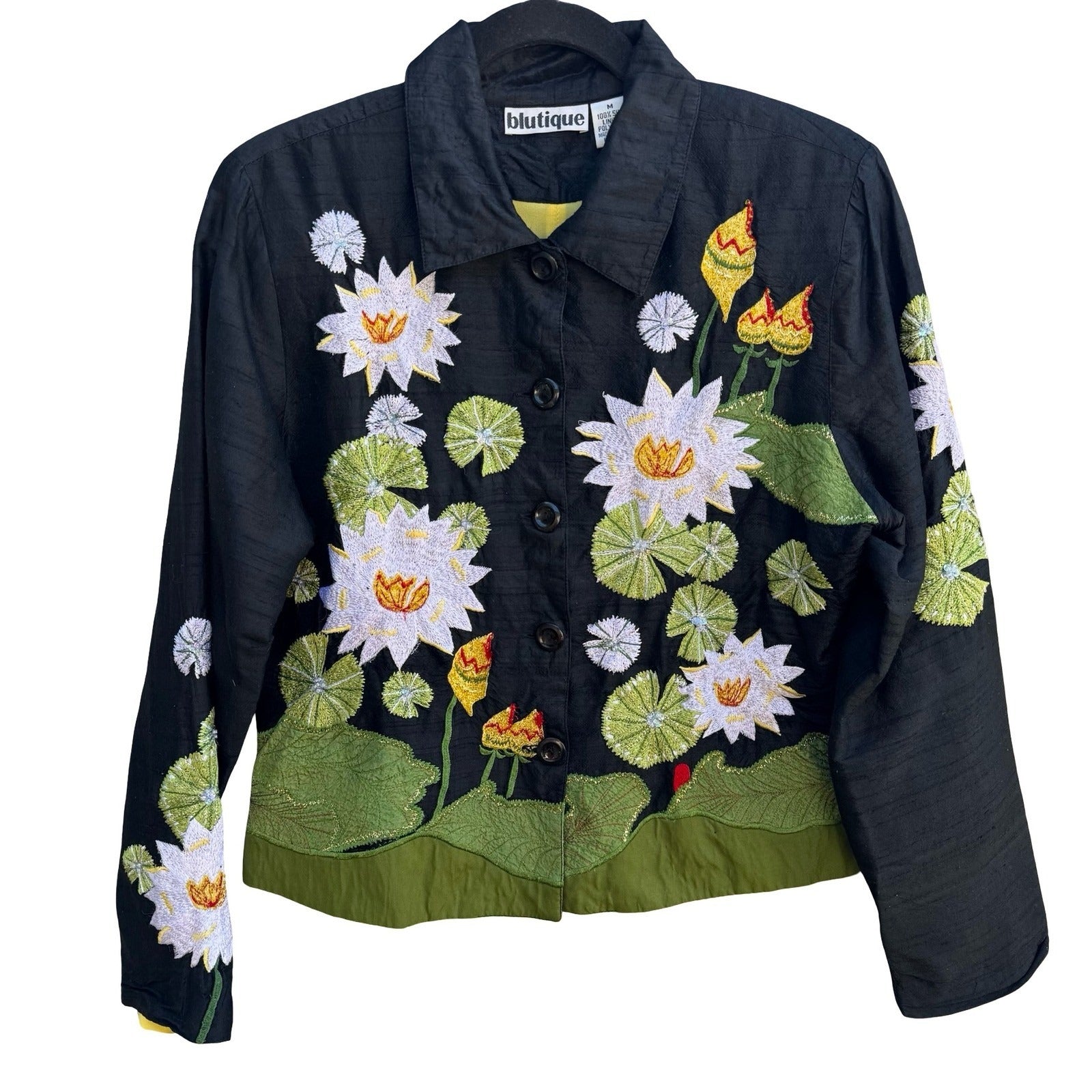 Blutique Silk Embroidered Water Lily Whimsical Jacket Black Floral Art to Wear M