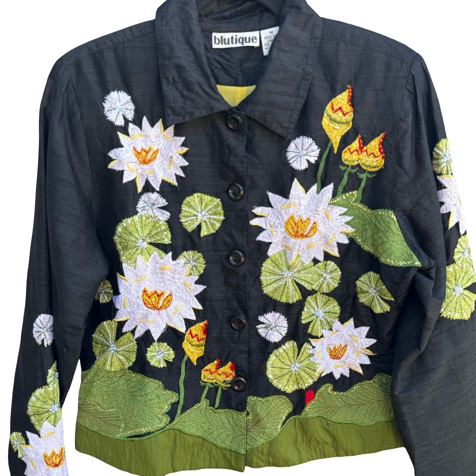 Blutique Silk Embroidered Water Lily Whimsical Jacket Black Floral Art to Wear M