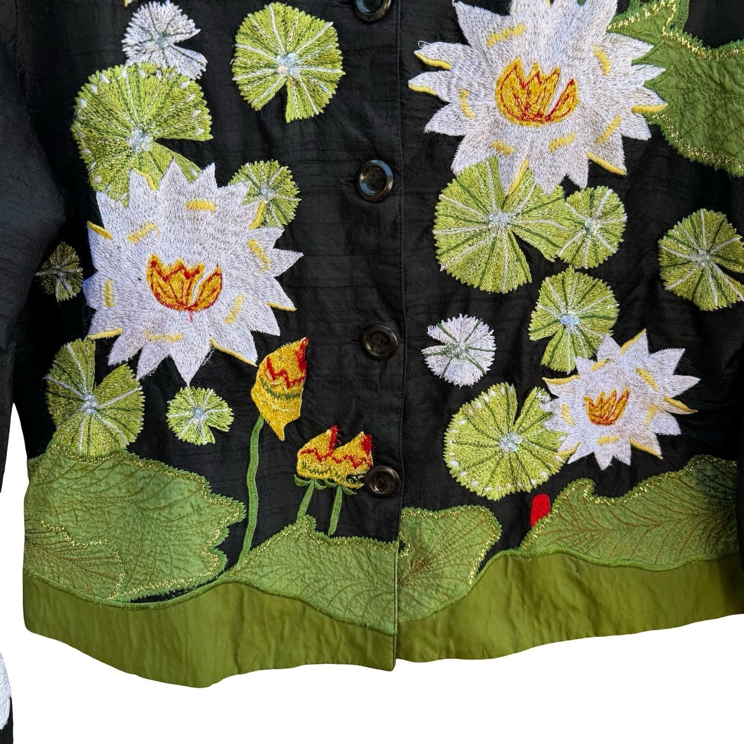 Blutique Silk Embroidered Water Lily Whimsical Jacket Black Floral Art to Wear M