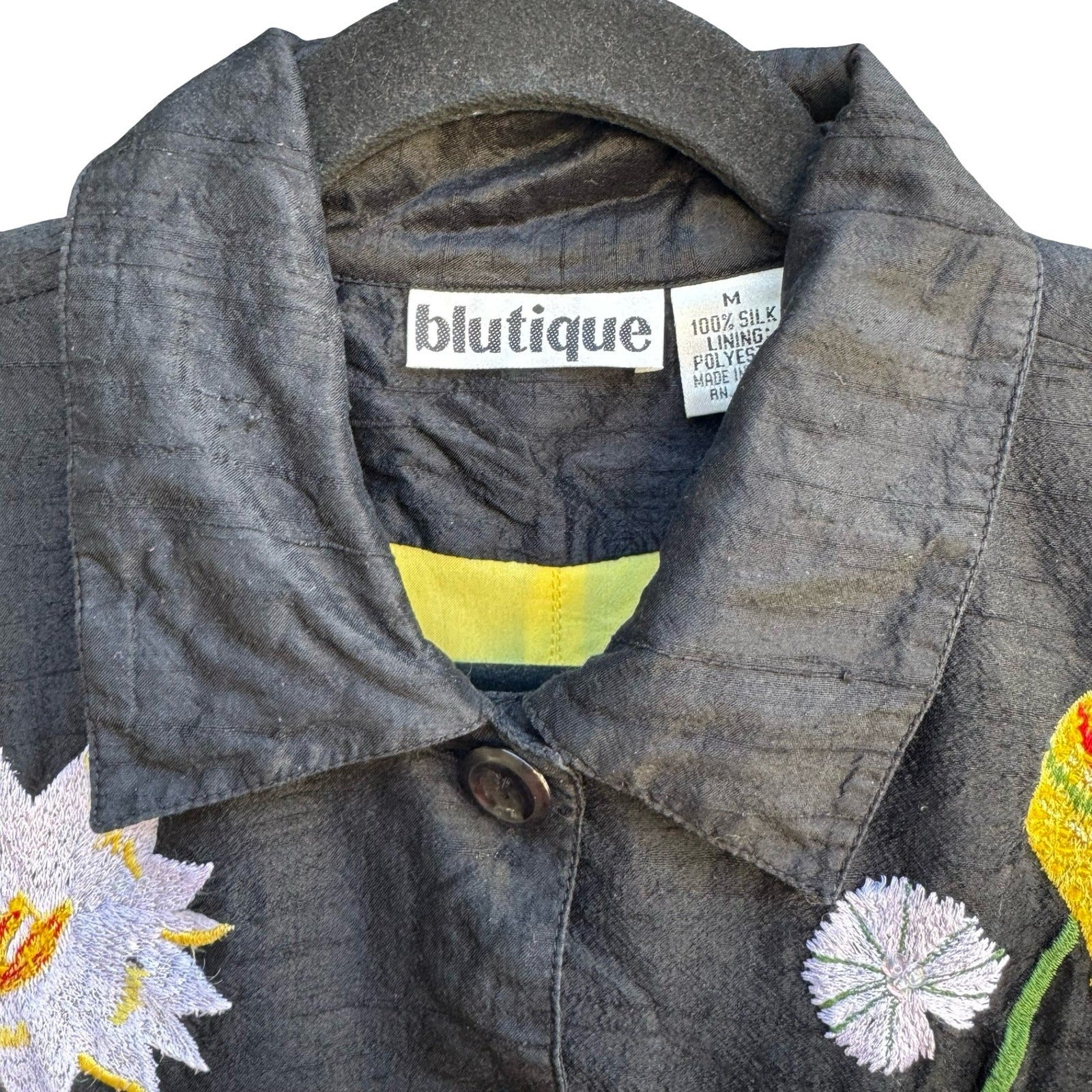 Blutique Silk Embroidered Water Lily Whimsical Jacket Black Floral Art to Wear M