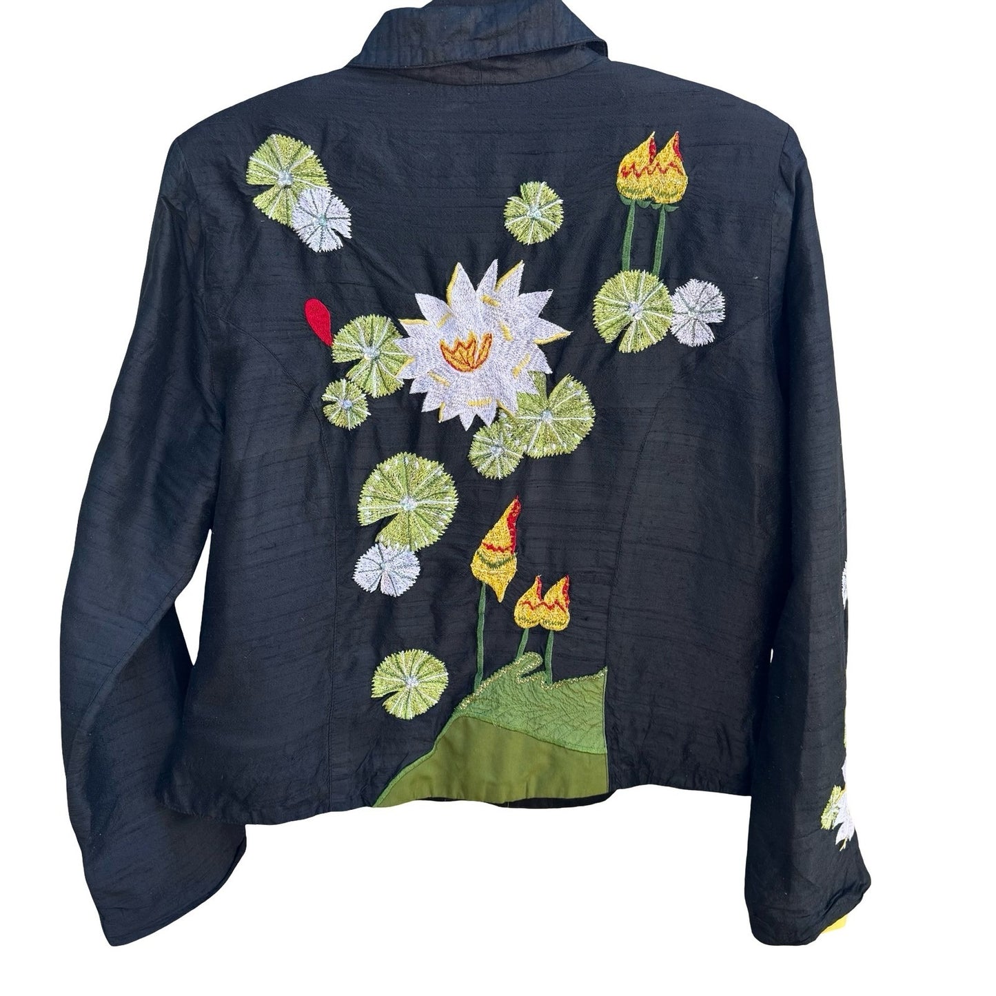 Blutique Silk Embroidered Water Lily Whimsical Jacket Black Floral Art to Wear M