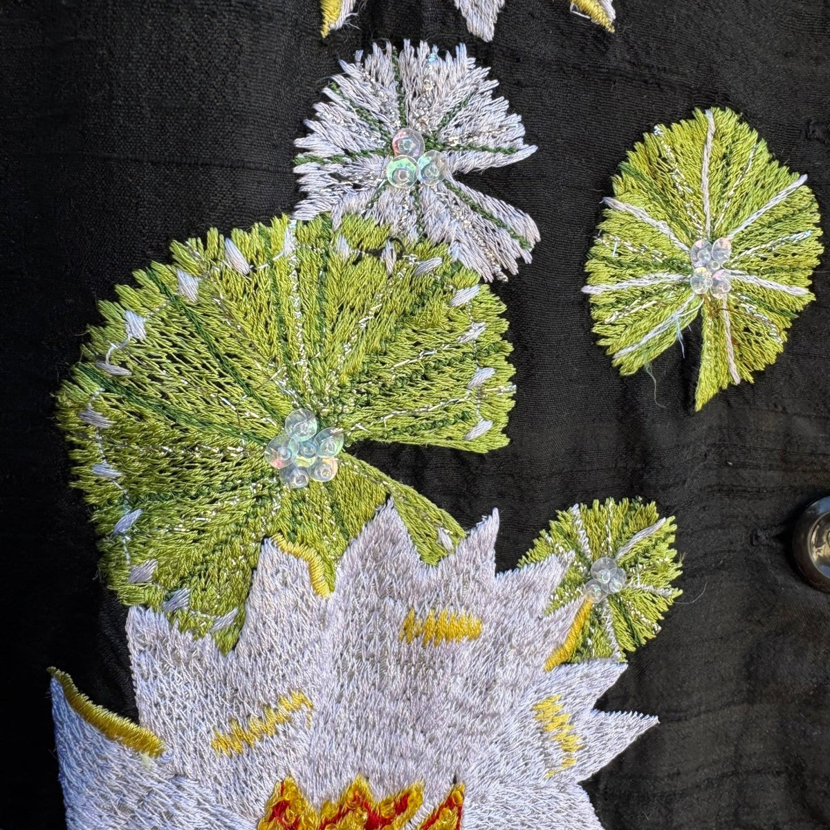Blutique Silk Embroidered Water Lily Whimsical Jacket Black Floral Art to Wear M