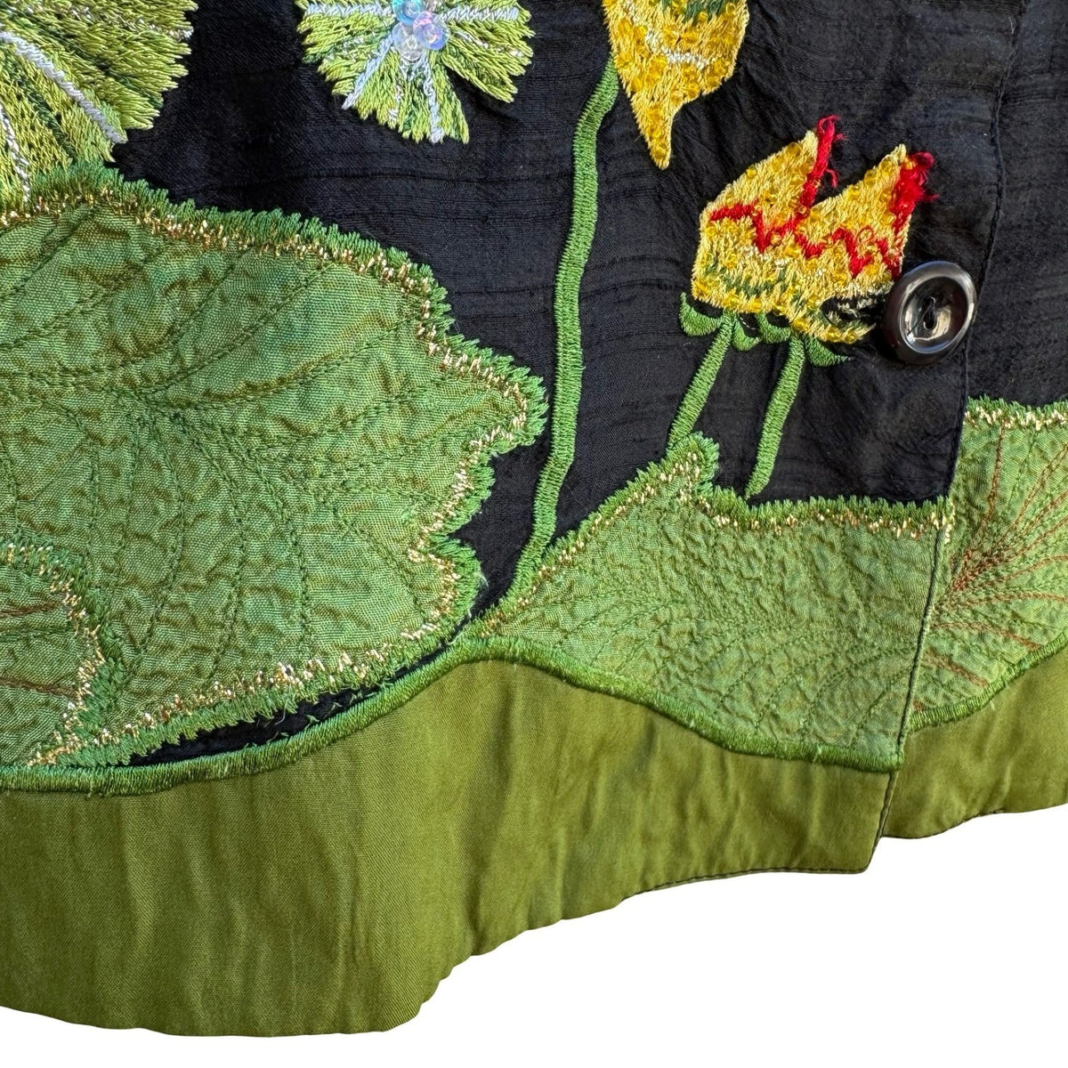 Blutique Silk Embroidered Water Lily Whimsical Jacket Black Floral Art to Wear M