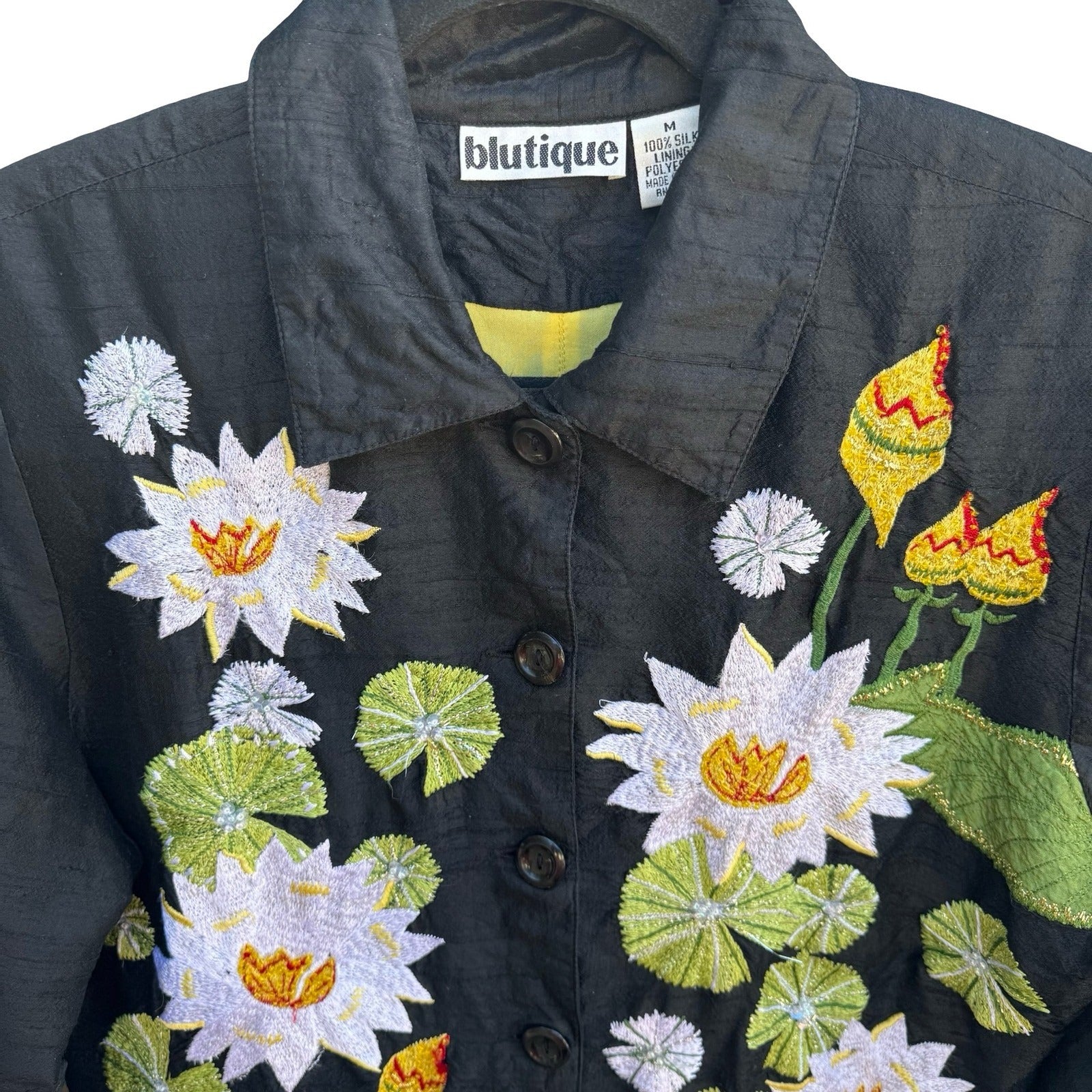 Blutique Silk Embroidered Water Lily Whimsical Jacket Black Floral Art to Wear M
