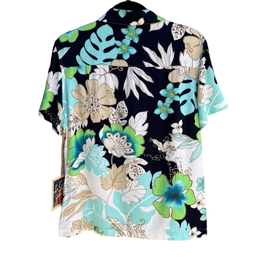 La Cabana Women's Blue Green Floral Hawaiian Short Sleeve Camp Collar Shirt - M