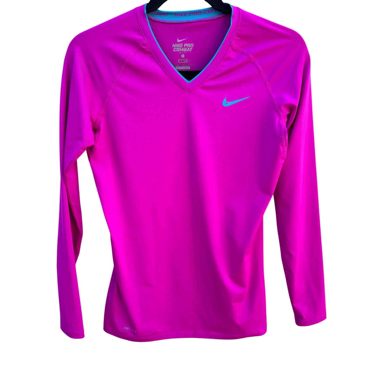 Nike Pro Combat Athletic Womens Fitted Long-Sleeve Dri-Fit Shirt Pink Blue Logo S