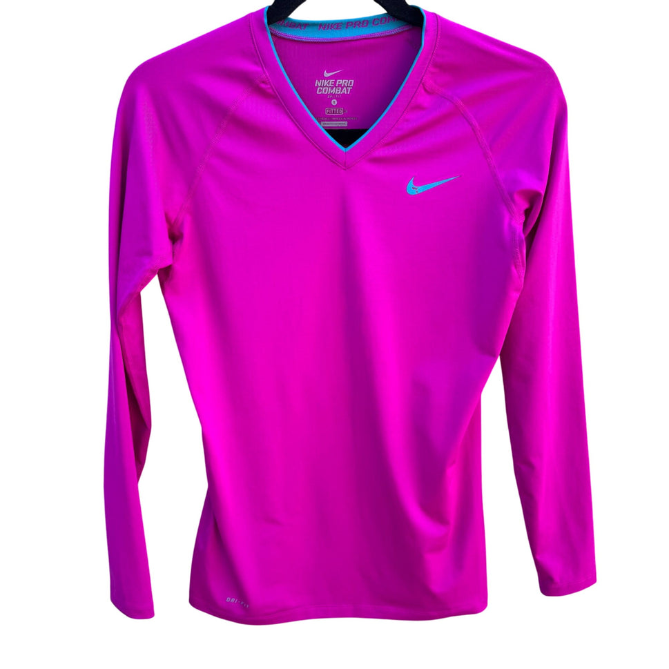 Nike Pro Combat Athletic Womens Fitted Long-Sleeve Dri-Fit Shirt Pink Blue Logo S