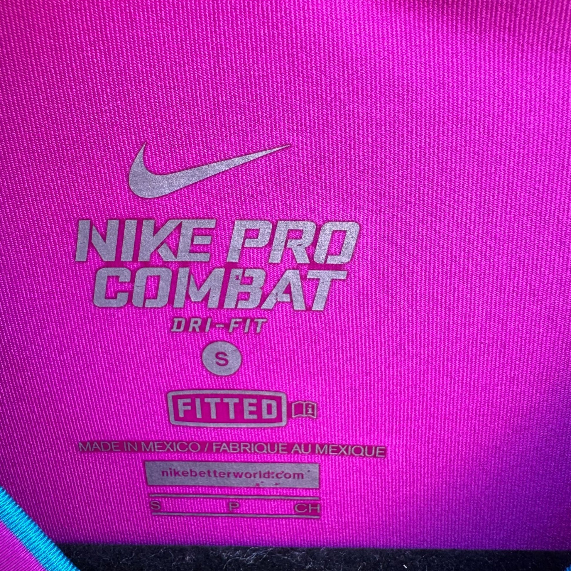 Nike Pro Combat Athletic Womens Fitted Long-Sleeve Dri-Fit Shirt Pink Blue Logo S