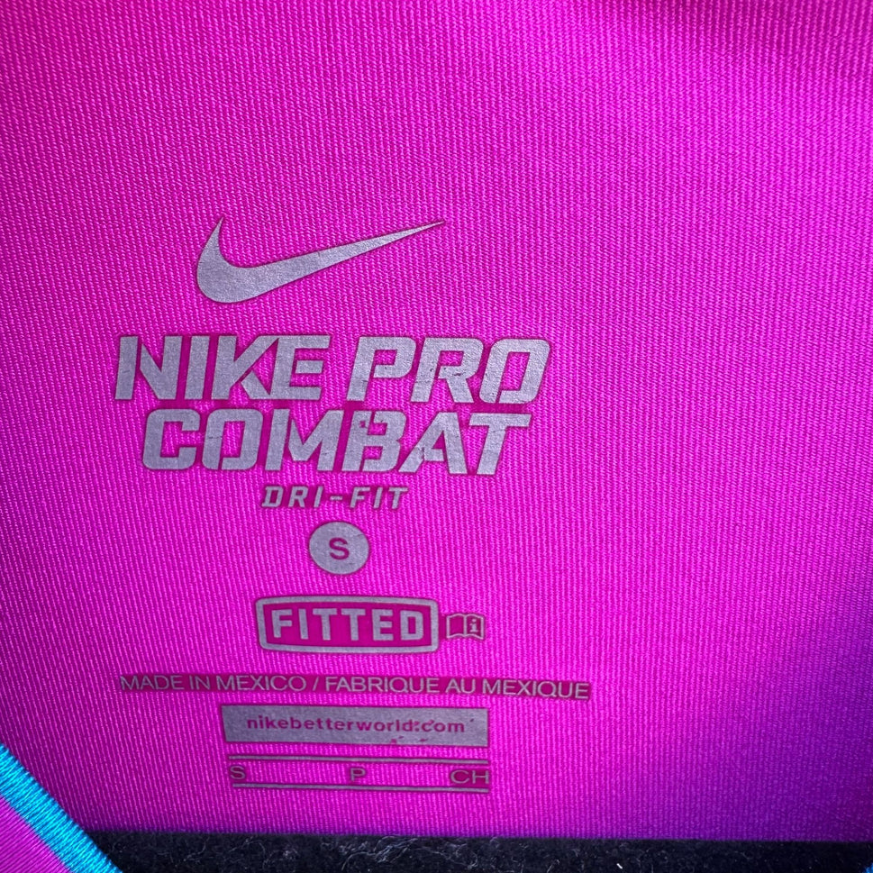 Nike Pro Combat Athletic Womens Fitted Long-Sleeve Dri-Fit Shirt Pink Blue Logo S