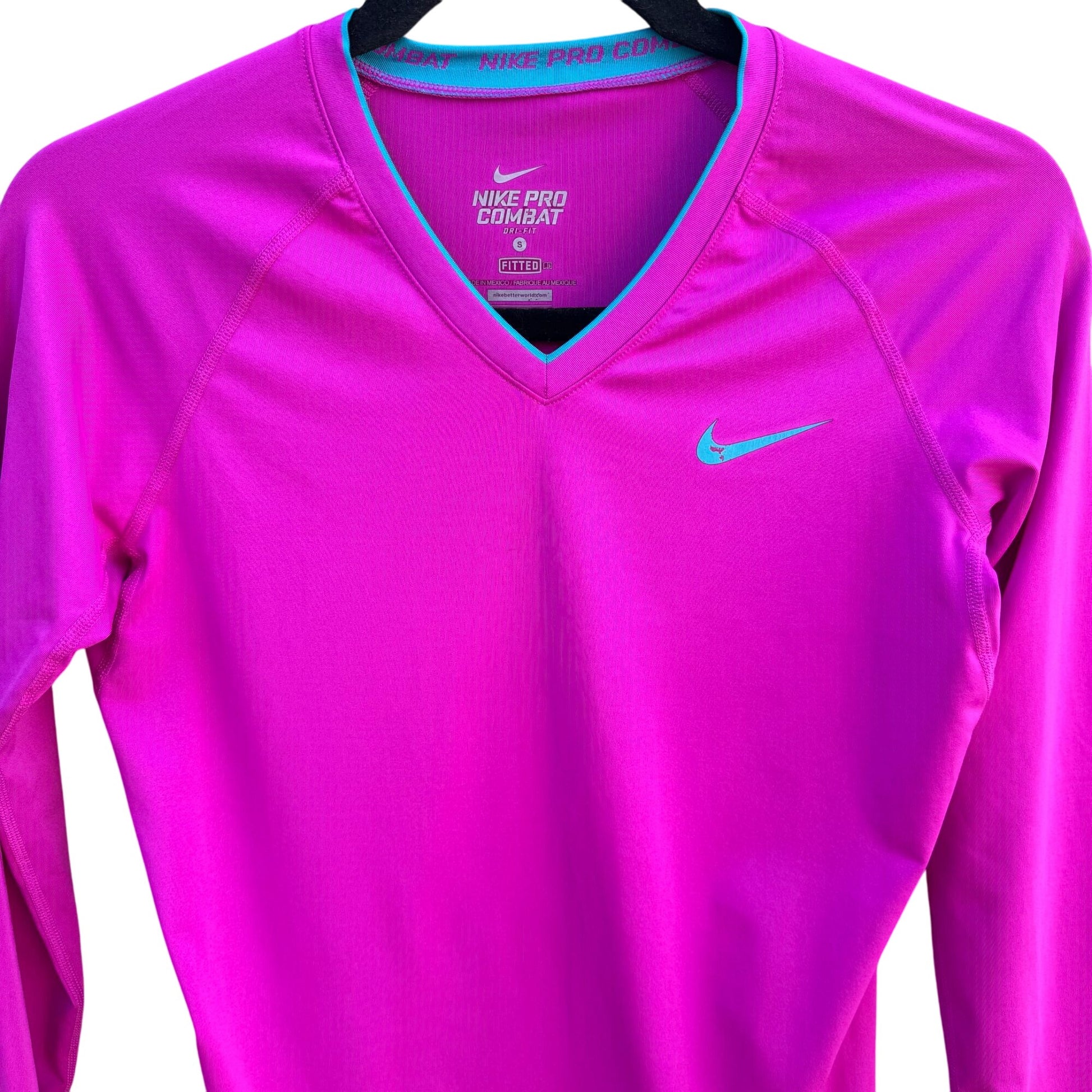 Nike Pro Combat Athletic Womens Fitted Long-Sleeve Dri-Fit Shirt Pink Blue Logo S
