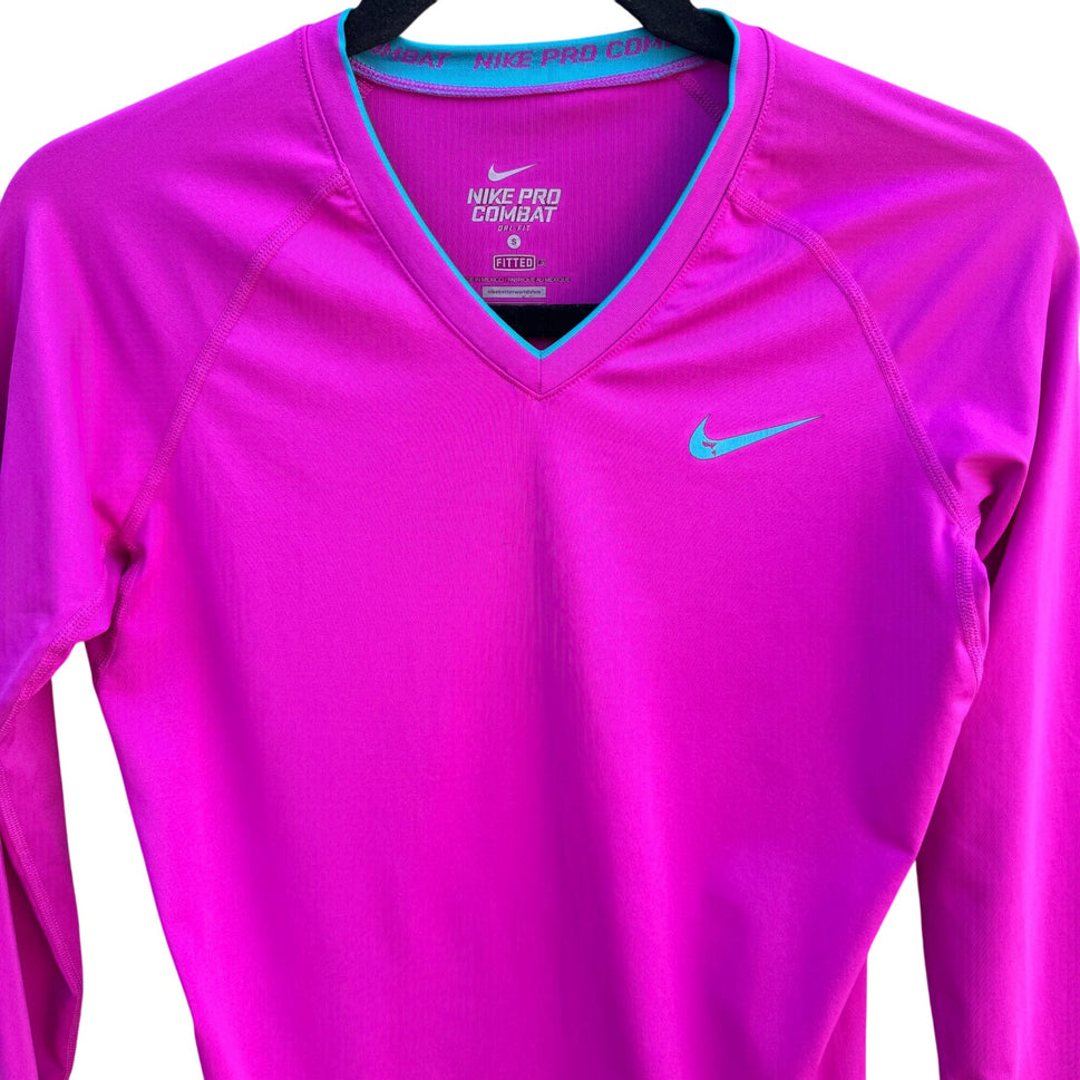 Nike Pro Combat Athletic Womens Fitted Long-Sleeve Dri-Fit Shirt Pink Blue Logo S