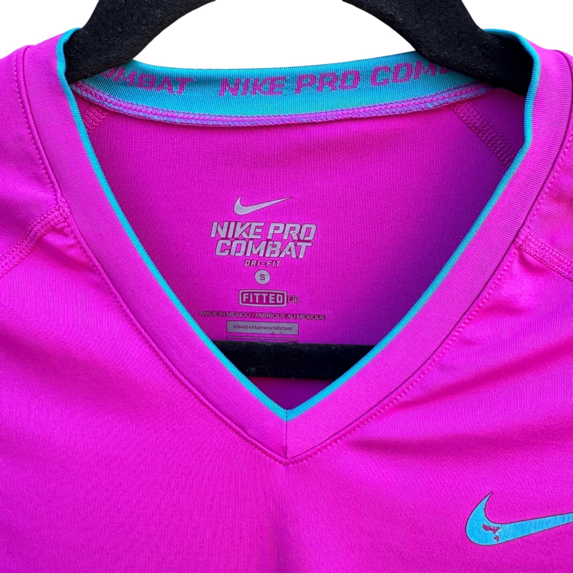 Nike Pro Combat Athletic Womens Fitted Long-Sleeve Dri-Fit Shirt Pink Blue Logo S
