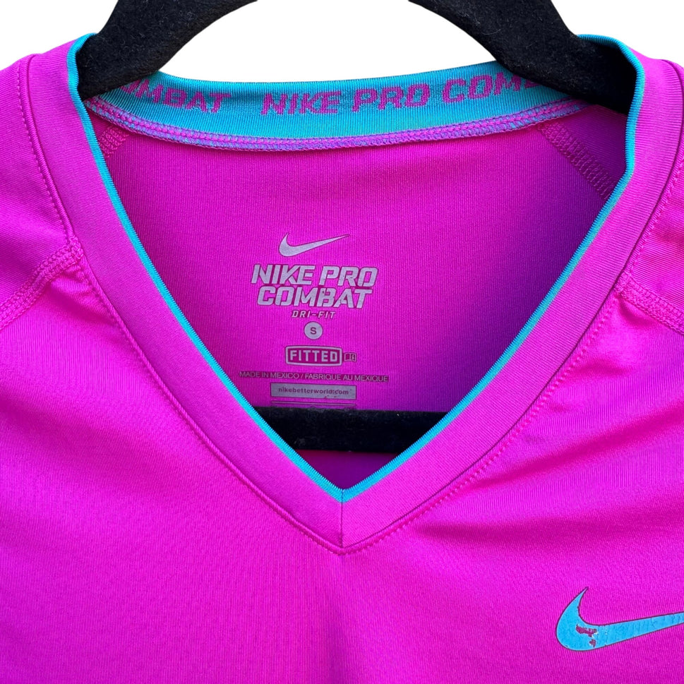 Nike Pro Combat Athletic Womens Fitted Long-Sleeve Dri-Fit Shirt Pink Blue Logo S
