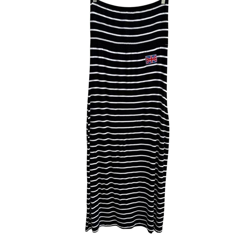 Union Jack Y2K Black White Striped Strapless Smocked Tube Top Stretch Maxi Dress