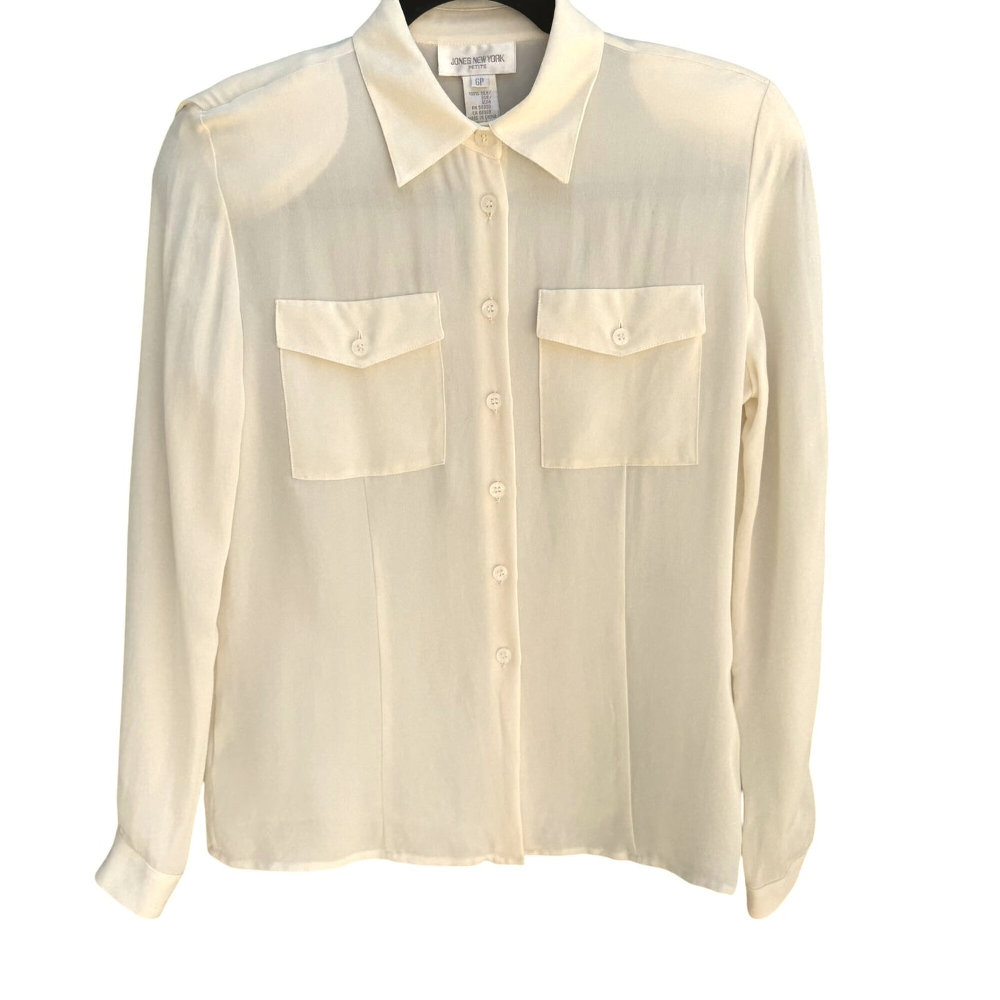 Jones New York Petite Vintage Silk Ivory Button-Up Long Sleeve Preppy Blouse 6P