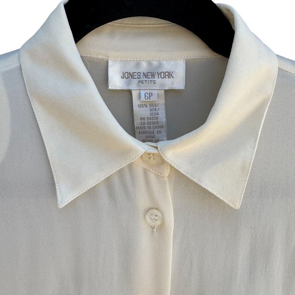 Jones New York Petite Vintage Silk Ivory Button-Up Long Sleeve Preppy Blouse 6P