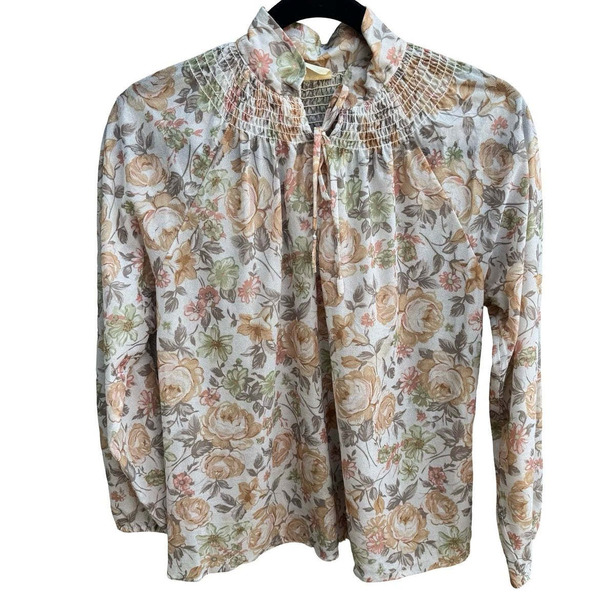 Vintage 70s 80s Cottagecore Grandmacore Boho Floral Smocked Mock Neck Blouse