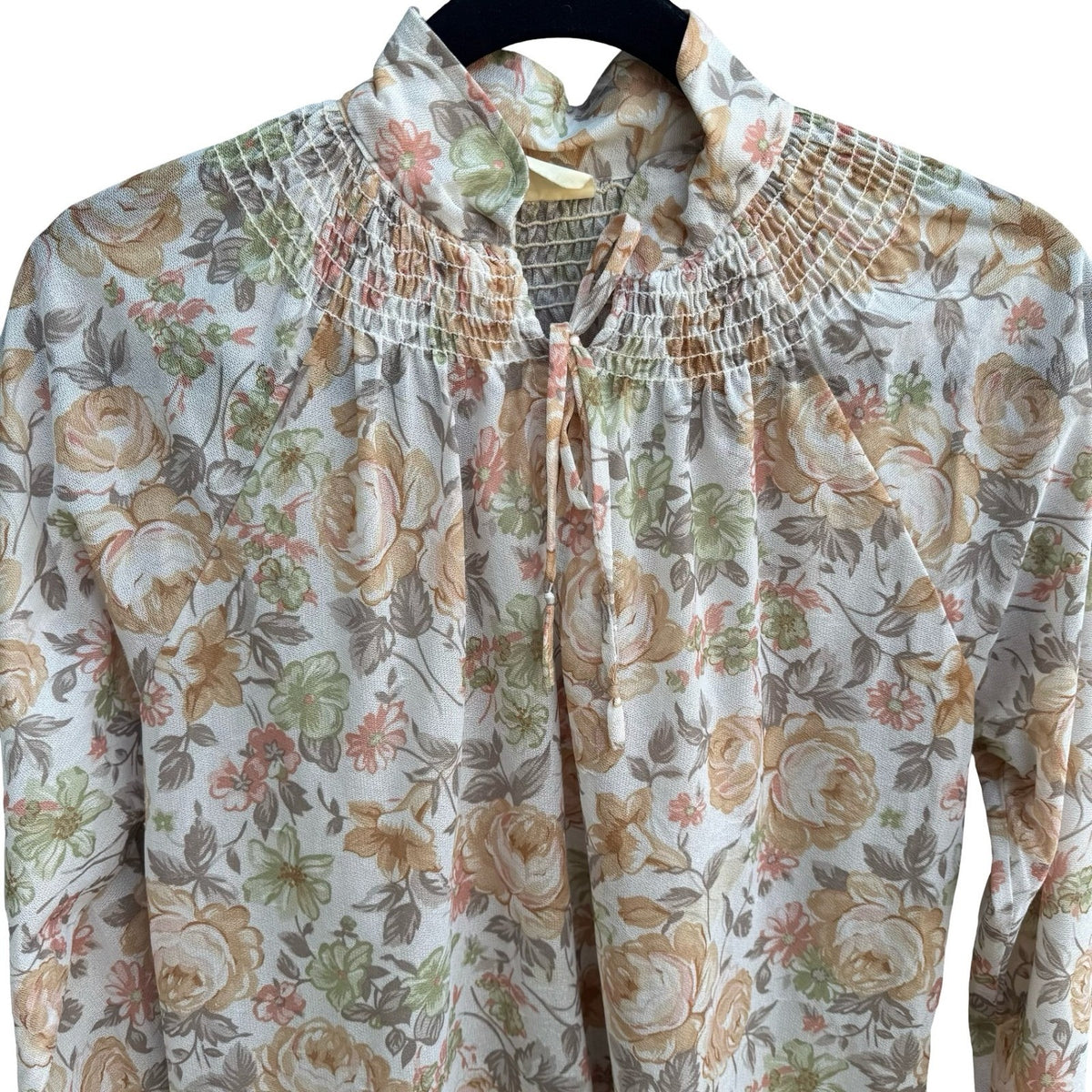 Vintage 70s 80s Cottagecore Grandmacore Boho Floral Smocked Mock Neck Blouse