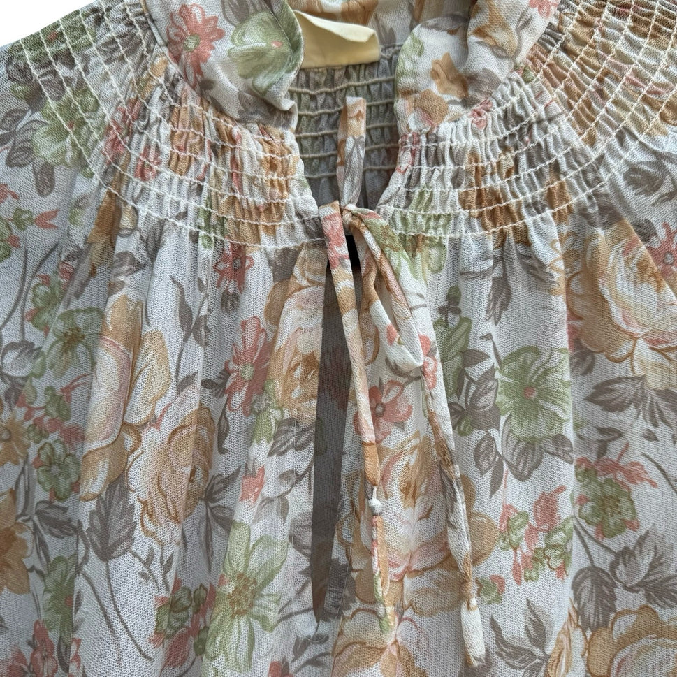 Vintage 70s 80s Cottagecore Grandmacore Boho Floral Smocked Mock Neck Blouse