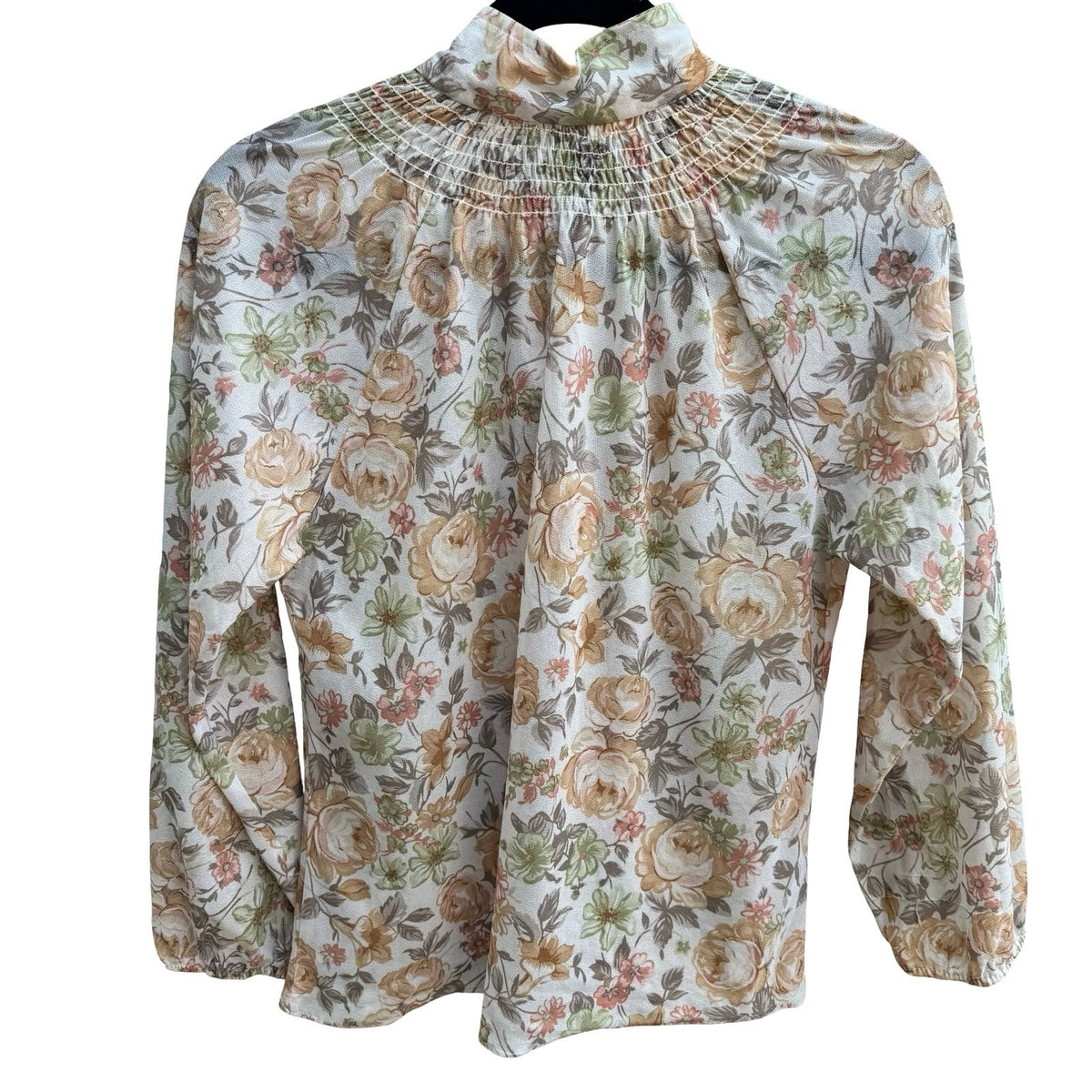 Vintage 70s 80s Cottagecore Grandmacore Boho Floral Smocked Mock Neck Blouse
