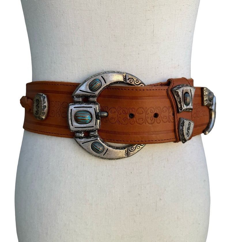 Melonzoni Italian Leather Western Boho Braided Turquoise Buckle Belt Tan Size 90