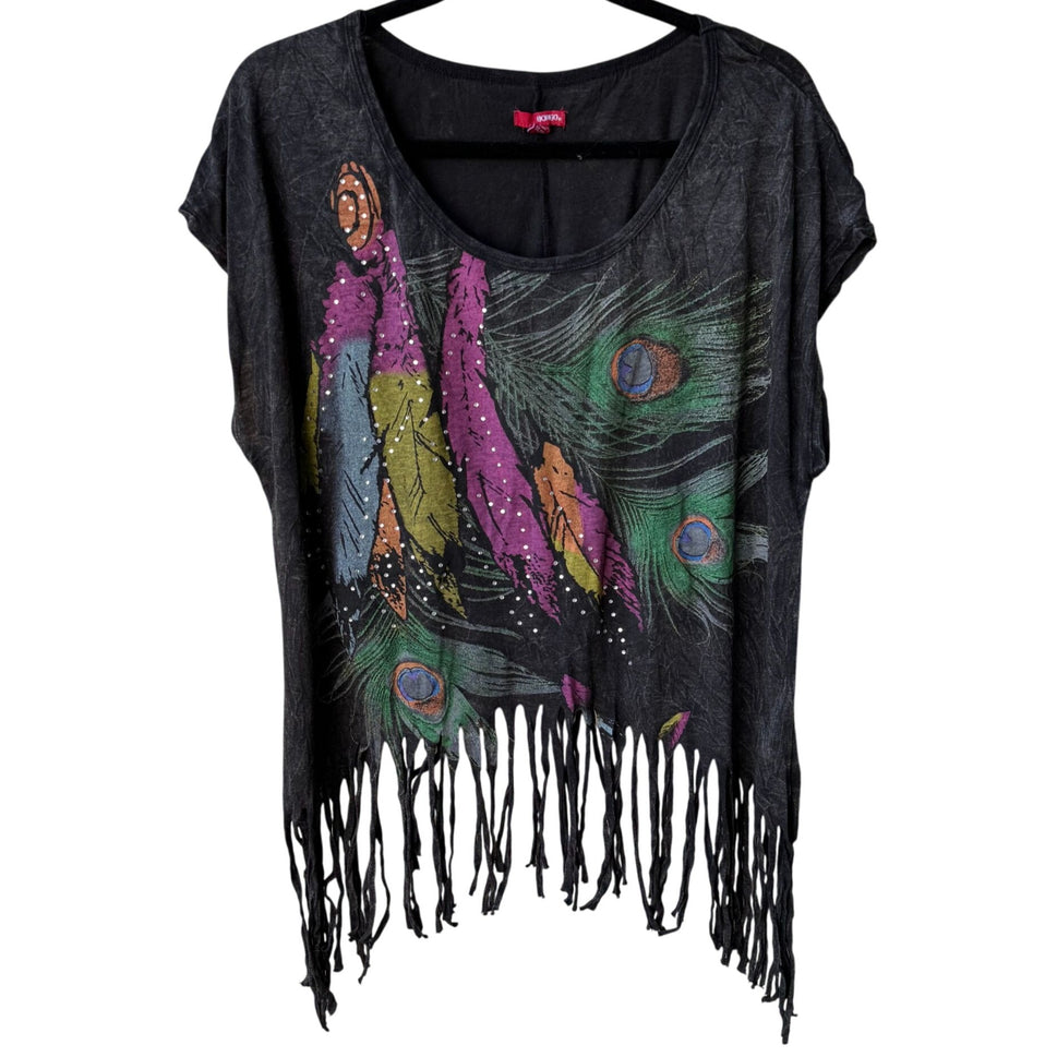 Bongo Vintage Y2K Boho Fringe Feather Peacock Rhinestone Festival Crop Top 1X
