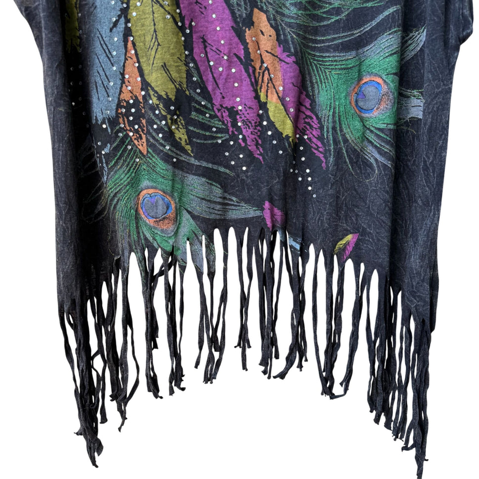 Bongo Vintage Y2K Boho Fringe Feather Peacock Rhinestone Festival Crop Top 1X