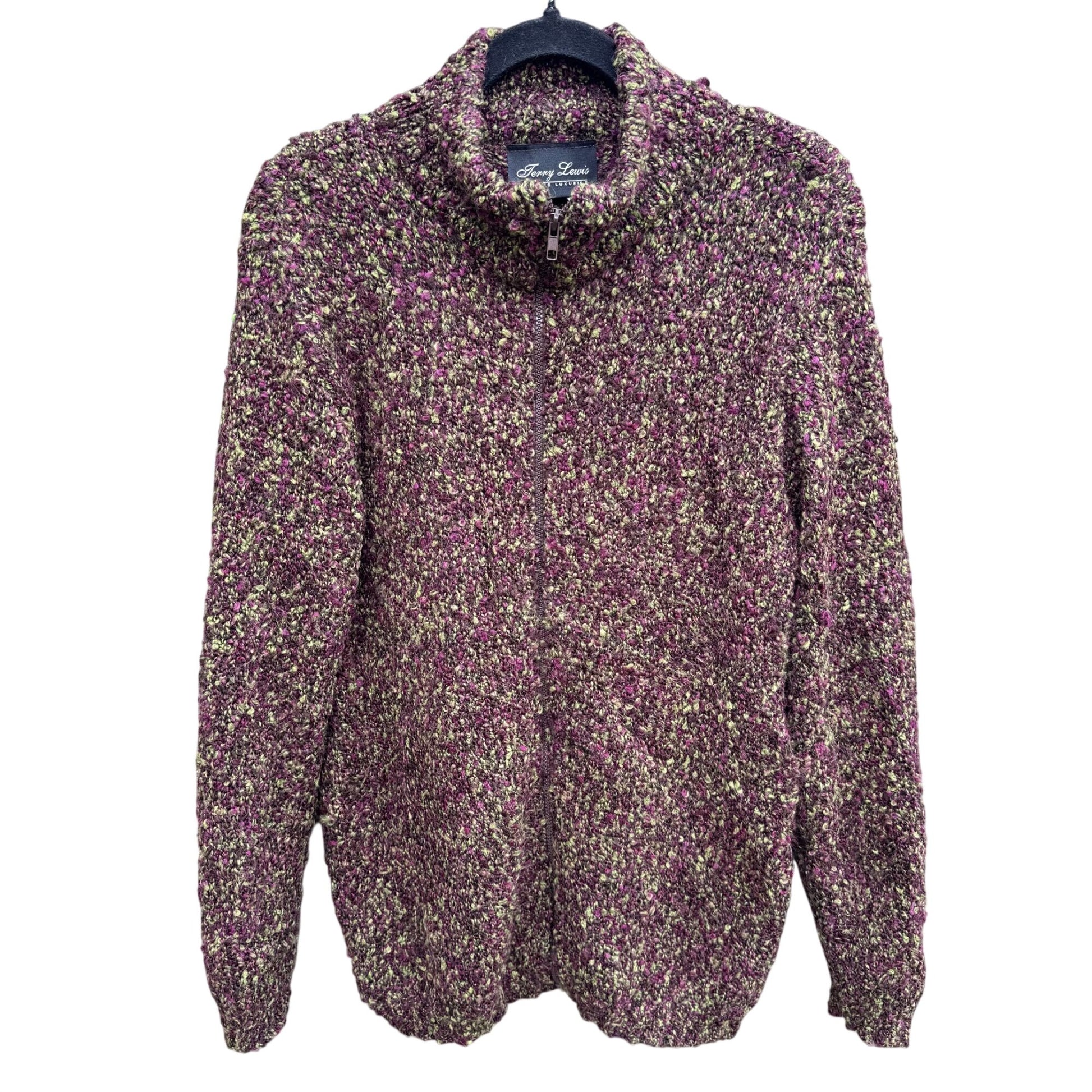 Terry Lewis Womens Vintage Zip Cardigan Sweater Purple Green Boucle Long Sleeve S