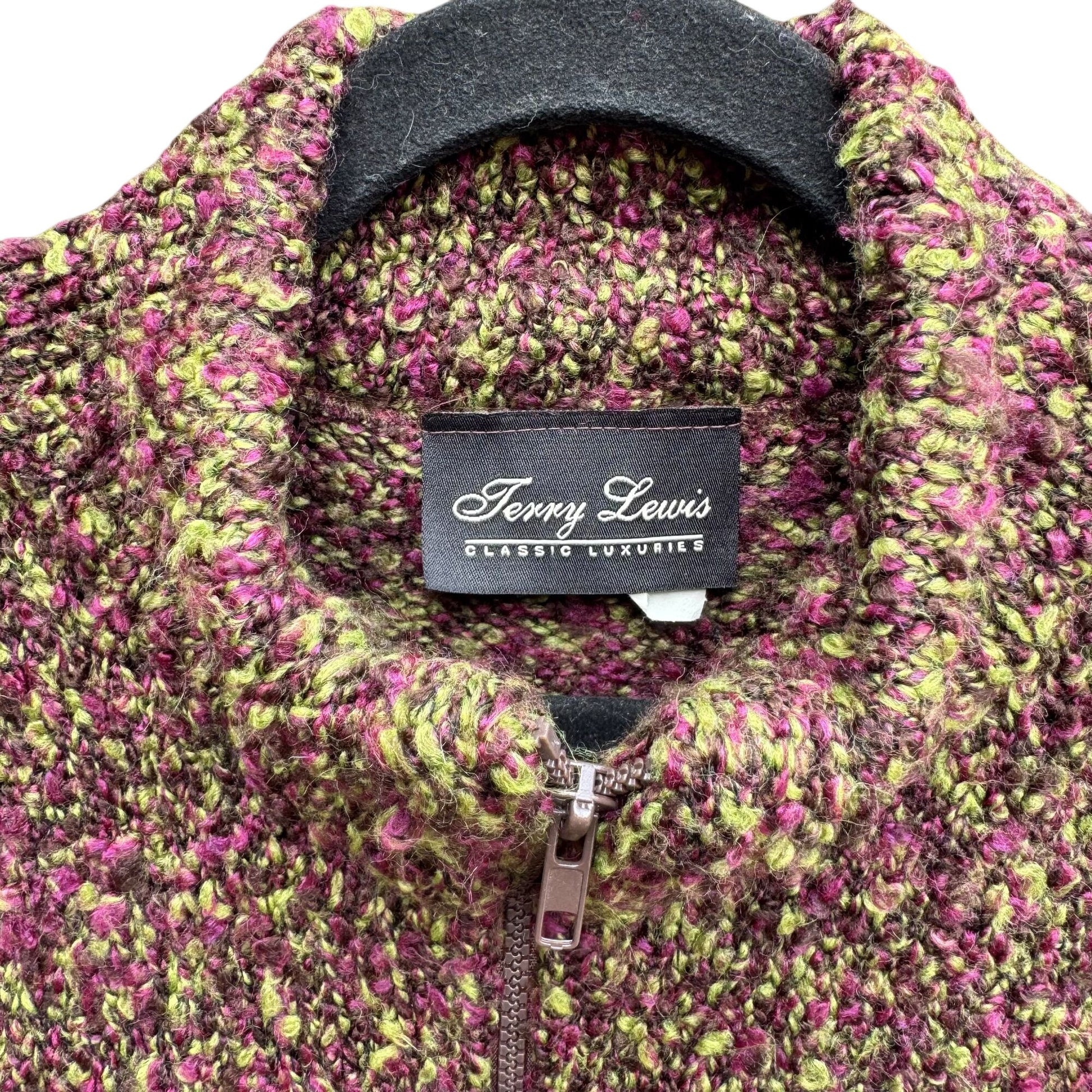 Terry Lewis Womens Vintage Zip Cardigan Sweater Purple Green Boucle Long Sleeve S
