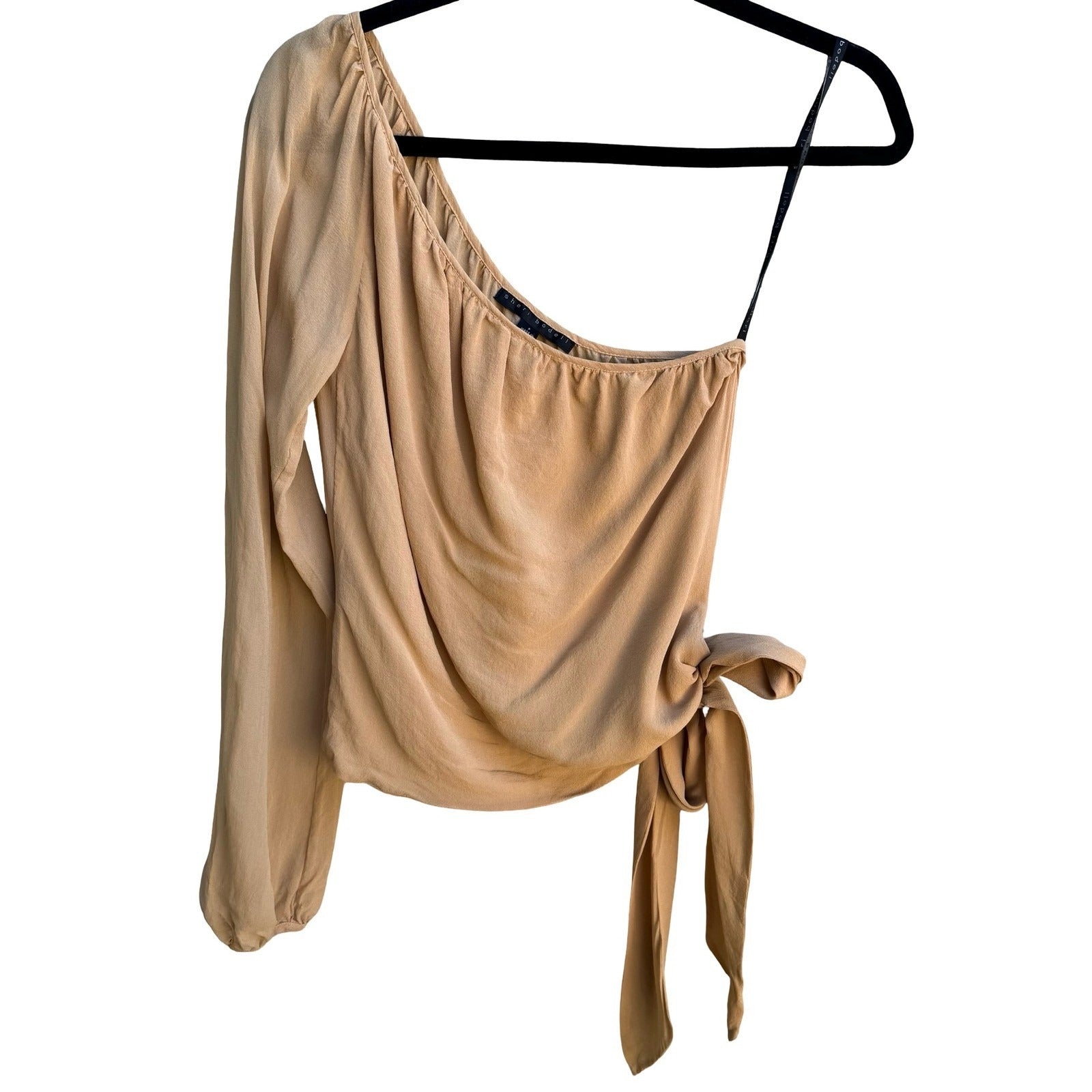 Sheri Bodell Y2K Quiet Luxury Minimalist Silk One Shoulder Side Tie Blouse Tan S