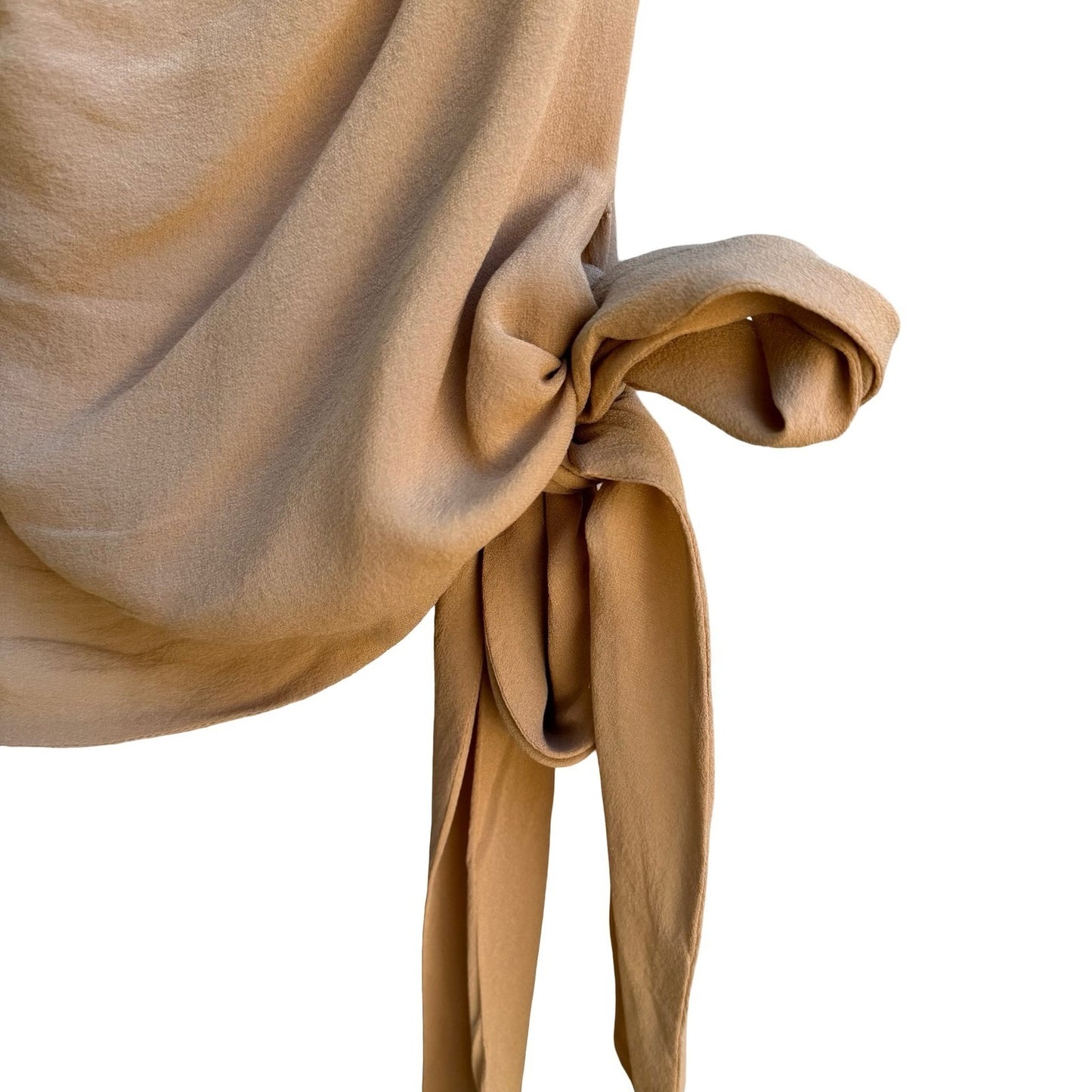Sheri Bodell Y2K Quiet Luxury Minimalist Silk One Shoulder Side Tie Blouse Tan S