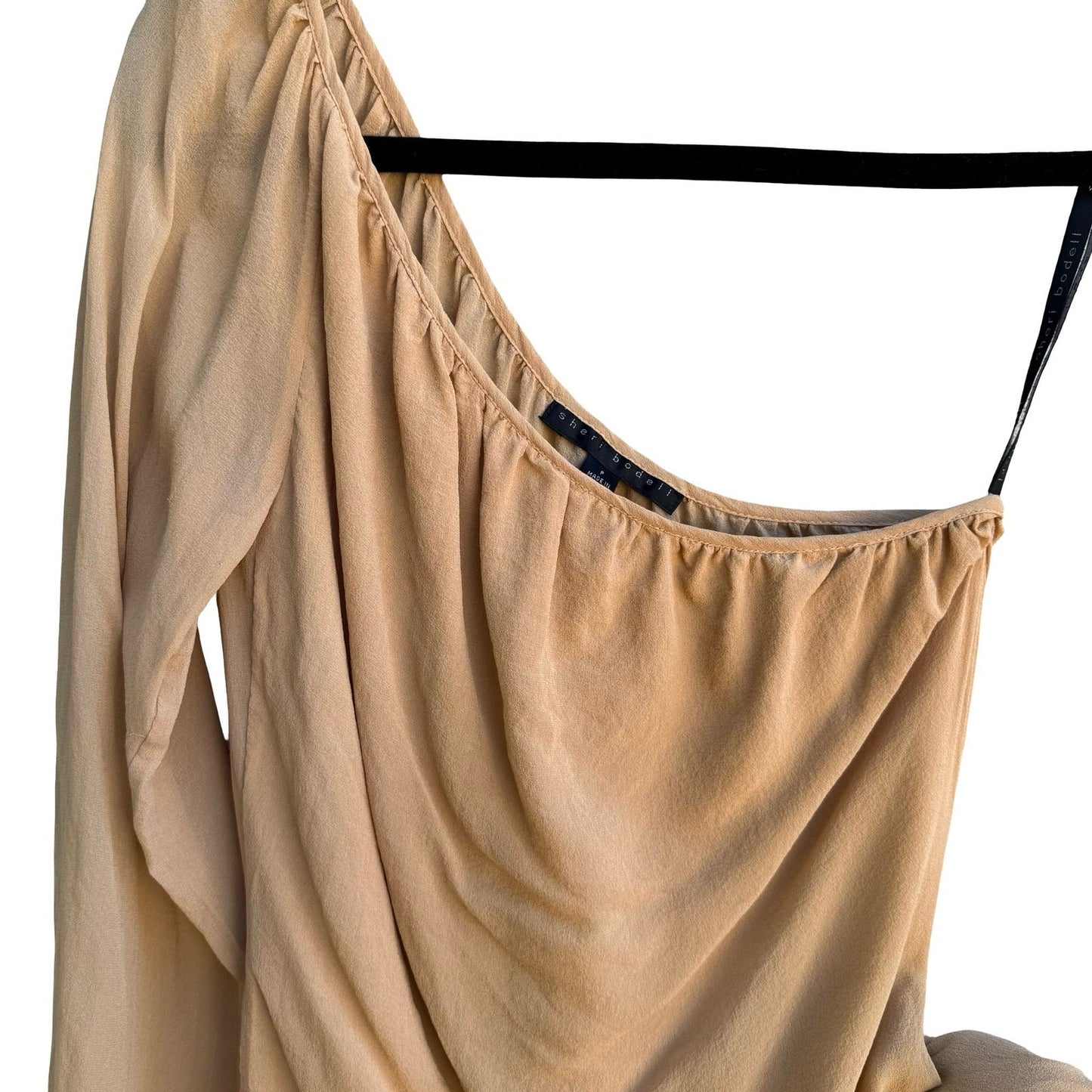 Sheri Bodell Y2K Quiet Luxury Minimalist Silk One Shoulder Side Tie Blouse Tan S