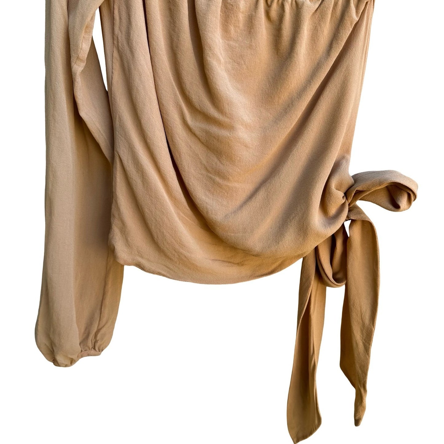 Sheri Bodell Y2K Quiet Luxury Minimalist Silk One Shoulder Side Tie Blouse Tan S