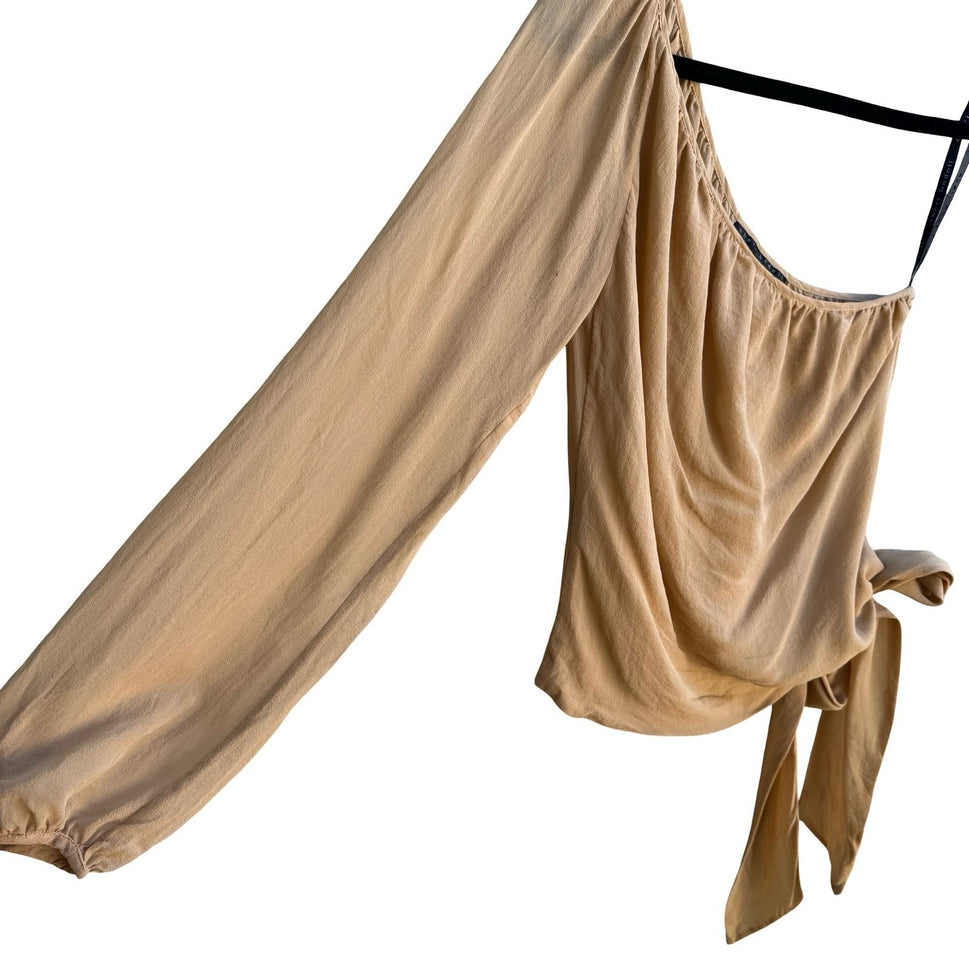 Sheri Bodell Y2K Quiet Luxury Minimalist Silk One Shoulder Side Tie Blouse Tan S