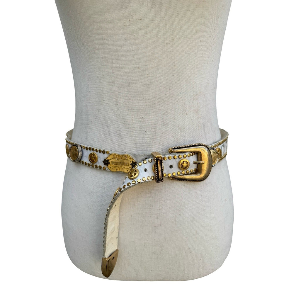 Lily Farouche Munich Vintage White Leather Studded Buffalo Nickel Western Belt
